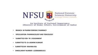 • BRANCH- M PHARM FORENSIC PHARMACY
• SPECILISATION- PHARMACOLOGY AND TOXICOLOGY
• SUBMITTED FOR- TA 1 ASSIGNMENT
• SUBMITTED TO -Dr JASMINE KUBAVAT
• SUBMITTED BY- MAHIMA RAJ
• ENROLLMENT NUMBER- 12200600001015
 