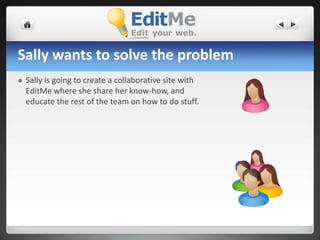 Sally wants to solve the problemSally is going to create a collaborative site with EditMe where she share her know-how, and educate the rest of the team on how to do stuff. Sally wants to solve the problemSally is going to create a collaborative site with EditMe where she share her know-how, and educate the rest of the team on how to do stuff. The Team is too busy to care.