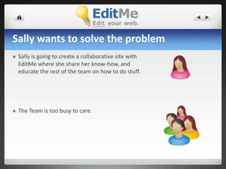 One Setting to Rule Them AllSOLUTION: Sally creates an EditMe site that everyone can view and only she can edit 
