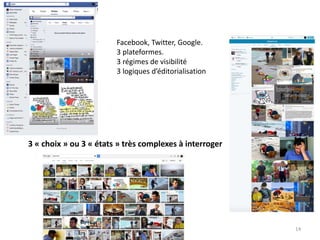 14
Facebook, Twitter, Google.
3 plateformes.
3 régimes de visibilité
3 logiques d’éditorialisation
3 « choix » ou 3 « états » très complexes à interroger
 