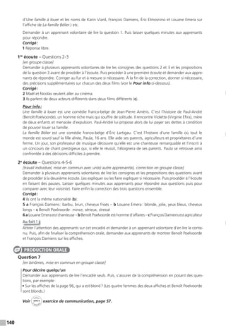 140
d’Une famille à louer et les noms de Karin Viard, François Damiens, Éric Elmosnino et Louane Emera sur
l’affiche de La famille Bélier.) etc.
Demander à un apprenant volontaire de lire la question 1. Puis laisser quelques minutes aux apprenants
pour répondre.
Corrigé:
1 Réponse libre.
1re
écoute – Questions 2-3
[en groupe classe]
Demander à plusieurs apprenants volontaires de lire les consignes des questions 2 et 3 et les propositions
de la question 3 avant de procéder à l’écoute. Puis procéder à une première écoute et demander aux appre-
nants de répondre. Corriger au fur et à mesure si nécessaire. À la fin de la correction, donner si nécessaire,
des précisions supplémentaires sur chacun des deux films (voir le Pour info ci-dessous).
Corrigé:
2 Maël et Nicolas veulent aller au cinéma.
3 Ils parlent de deux acteurs différents dans deux films différents (c).
Pour info:
Une famille à louer est une comédie franco-belge de Jean-Pierre Améris. C’est l’histoire de Paul-André
(Benoît Poelvoorde), un homme riche mais qui souffre de solitude. Il rencontre Violette (Virginie Efira), mère
de deux enfants et menacée d’expulsion. Paul-André lui propose alors de lui payer ses dettes à condition
de pouvoir louer sa famille.
La famille Bélier est une comédie franco-belge d’Éric Lartigau. C’est l’histoire d’une famille où tout le
monde est sourd sauf la fille aînée, Paula, 16 ans. Elle aide ses parents, agriculteurs et propriétaires d’une
ferme. Un jour, son professeur de musique découvre qu’elle est une chanteuse remarquable et l’inscrit à
un concours de chant prestigieux qui, si elle le réussit, l’éloignera de ses parents. Paula se retrouve ainsi
confrontée à des décisions difficiles à prendre.
2e
écoute – Questions 4-5-6
[travail individuel, mise en commun avec un(e) autre apprenant(e), correction en groupe classe]
Demander à plusieurs apprenants volontaires de lire les consignes et les propositions des questions avant
de procéder à la deuxième écoute. Les expliquer ou les faire expliquer si nécessaire. Puis procéder à l’écoute
en faisant des pauses. Laisser quelques minutes aux apprenants pour répondre aux questions puis pour
comparer avec leur voisin(e). Faire enfin la correction des trois questions ensemble.
Corrigé:
4 Ils ont la même nationalité (b).
5 a François Damiens: barbu, brun, cheveux frisés – b Louane Emera: blonde, jolie, yeux bleus, cheveux
longs – c Benoît Poelvoorde: mince, sérieux, stressé
6 a Louane Emera est chanteuse – b Benoît Poelvoorde est homme d’affaires – c François Damiens est agriculteur
Au fait !
Attirer l’attention des apprenants sur cet encadré et demander à un apprenant volontaire d’en lire le conte-
nu. Puis, afin de finaliser la compréhension orale, demander aux apprenants de montrer Benoît Poelvoorde
et François Damiens sur les affiches.
Question 7
[en binômes, mise en commun en groupe classe]
Pour décrire quelqu’un
Demander aux apprenants de lire l’encadré seuls. Puis, s’assurer de la compréhension en posant des ques-
tions, par exemple:
• Sur les affiches de la page 96, qui a est blond? (Les quatre femmes des deux affiches et Benoît Poelvoorde
sont blonds.)
Voir
Cahier
d
’activit
és
unité 6
exercice de communication, page 57.
PRODUCTION ORALE
 