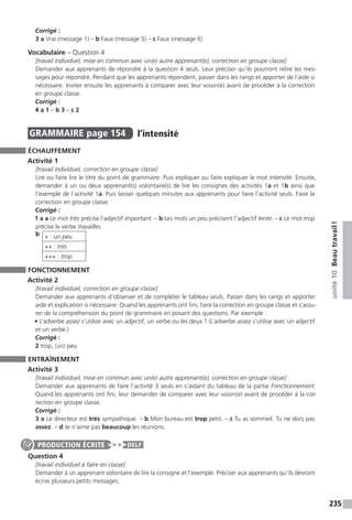 235
unité10Beautravail !
Corrigé :
3 a Vrai (message 1) – b Faux (message 5) – c Faux (message 6)
Vocabulaire – Question 4
[travail individuel, mise en commun avec un(e) autre apprenant(e), correction en groupe classe]
Demander aux apprenants de répondre à la question 4 seuls. Leur préciser qu’ils pourront relire les mes-
sages pour répondre. Pendant que les apprenants répondent, passer dans les rangs et apporter de l’aide si
nécessaire. Inviter ensuite les apprenants à comparer avec leur voisin(e) avant de procéder à la correction
en groupe classe.
Corrigé :
4 a 1 – b 3 – c 2
GRAMMAIRE  page 154  
l’intensité
ÉCHAUFFEMENT
Activité 1
[travail individuel, correction en groupe classe]
Lire ou faire lire le titre du point de grammaire. Puis expliquer ou faire expliquer le mot intensité. Ensuite,
demander à un ou deux apprenant(s) volontaire(s) de lire les consignes des activités 1a et 1b ainsi que
l’exemple de l’activité 1a. Puis laisser quelques minutes aux apprenants pour faire l’activité seuls. Faire la
correction en groupe classe.
Corrigé :
1 a a Le mot très précise l’adjectif important. – b Les mots un peu précisent l’adjectif lente. – c Le mot trop
précise le verbe travailles.
b + : un peu
++ : très
+++ : trop
FONCTIONNEMENT
Activité 2
[travail individuel, correction en groupe classe]
Demander aux apprenants d’observer et de compléter le tableau seuls. Passer dans les rangs et apporter
aide et explication si nécessaire. Quand les apprenants ont fini, faire la correction en groupe classe et s’assu-
rer de la compréhension du point de grammaire en posant des questions. Par exemple :
• L’adverbe assez s’utilise avec un adjectif, un verbe ou les deux ? (L’adverbe assez s’utilise avec un adjectif
et un verbe.)
Corrigé :
2 trop, (un) peu
ENTRAÎNEMENT
Activité 3
[travail individuel, mise en commun avec un(e) autre apprenant(e), correction en groupe classe]
Demander aux apprenants de faire l’activité 3 seuls en s’aidant du tableau de la partie Fonctionnement.
Quand les apprenants ont fini, leur demander de comparer avec leur voisin(e) avant de procéder à la cor-
rection en groupe classe.
Corrigé :
3 a Le directeur est très sympathique. – b Mon bureau est trop petit. – c Tu as sommeil. Tu ne dors pas
assez. – d Je n’aime pas beaucoup les réunions.
Question 4
[travail individuel à faire en classe]
Demander à un apprenant volontaire de lire la consigne et l’exemple. Préciser aux apprenants qu’ils devront
écrire plusieurs petits messages.
PRODUCTION ÉCRITE DELF
 