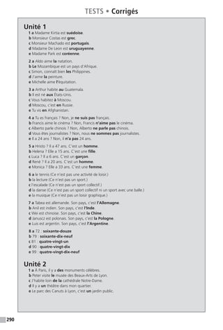 290
Unité 1
1 a Madame Kirtia est suédoise.
b Monsieur Costas est grec.
c Monsieur Machado est portugais.
d Madame De Leon est uruguayenne.
e Madame Park est coréenne.
2 a Aldo aime la natation.
b Le Mozambique est un pays d’Afrique.
c Simon, connaît bien les Philippines.
d J’aime la peinture.
e Michelle aime l’équitation.
3 a Arthur habite au Guatemala.
b Il est né aux États-Unis.
c Vous habitez à Moscou.
d Moscou, c’est en Russie.
e Tu vis en Afghanistan.
4 a Tu es français ? Non, je ne suis pas français.
b Francis aime le cinéma ? Non, Francis n’aime pas le cinéma.
c Alberto parle chinois ? Non, Alberto ne parle pas chinois.
d Vous êtes journalistes ? Non, nous ne sommes pas journalistes.
e Il a 24 ans ? Non, il n’a pas 24 ans.
5 a Hristo ? Il a 47 ans. C’est un homme.
b Helena ? Elle a 15 ans. C’est une fille.
c Luca ? Il a 6 ans. C’est un garçon.
d René ? Il a 20 ans. C’est un homme.
e Monica ? Elle a 33 ans. C’est une femme.
6 a le tennis (Ce n’est pas une activité de loisir.)
b la lecture (Ce n’est pas un sport.)
c l’escalade (Ce n’est pas un sport collectif.)
d la danse (Ce n’est pas un sport collectif ni un sport avec une balle.)
e la musique (Ce n’est pas un loisir graphique.)
7 a Tabea est allemande. Son pays, c’est l’Allemagne.
b Anil est indien. Son pays, c’est l’Inde.
c Wei est chinoise. Son pays, c’est la Chine.
d Januscz est polonais. Son pays, c’est la Pologne.
e Luis est argentin. Son pays, c’est l’Argentine.
8 a 72 : soixante-douze
b 79 : soixante-dix-neuf
c 81 : quatre-vingt-un
d 90 : quatre-vingt-dix
e 99 : quatre-vingt-dix-neuf
Unité 2
1 a À Paris, il y a des monuments célèbres.
b Peter visite le musée des Beaux-Arts de Lyon.
c J’habite loin de la cathédrale Notre-Dame.
d Il y a un théâtre dans mon quartier.
e Le parc des Canuts à Lyon, c’est un jardin public.
TESTS • Corrigés
 