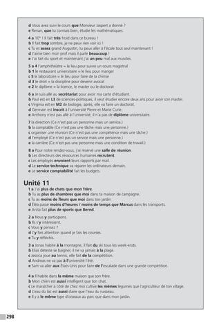 298
d Vous avez suivi le cours que Monsieur Jaspert a donné ?
e Renan, que tu connais bien, étudie les mathématiques.
4 a 10° ! Il fait très froid dans ce bureau !
b Il fait trop sombre, je ne peux rien voir ici !
c Tu es assez grand Augustin, tu peux aller à l’école tout seul maintenant !
d J’aime bien mon prof mais il parle beaucoup !
e J’ai fait du sport et maintenant j’ai un peu mal aux muscles.
5 a 4 l’amphithéâtre = le lieu pour suivre un cours magistral
b 1 le restaurant universitaire = le lieu pour manger
c 5 le laboratoire = le lieu pour faire de la chimie
d 3 le droit = la discipline pour devenir avocat
e 2 le diplôme = la licence, le master ou le doctorat
6 a Je suis allé au secrétariat pour avoir ma carte d’étudiant.
b Paul est en L3 de sciences-politiques, il veut étudier encore deux ans pour avoir son master.
c Virginia est en M2 de biologie, après, elle va faire un doctorat.
d Germain est inscrit à l’université Pierre et Marie Curie.
e Anthony n’est pas allé à l’université, il n’a pas de diplôme universitaire.
7 la direction (Ce n’est pas un personne mais un service.)
b la comptable (Ce n’est pas une tâche mais une personne.)
c organiser une réunion (Ce n’est pas une compétence mais une tâche.)
d l’employé (Ce n’est pas un service mais une personne.)
e la carrière (Ce n’est pas une personne mais une condition de travail.)
8 a Pour notre rendez-vous, j’ai réservé une salle de réunion.
b Les directeurs des ressources humaines recrutent.
c Les employés envoient leurs rapports par mail.
d Le service technique va réparer les ordinateurs demain.
e Le service comptabilité fait les budgets.
Unité 11
1 a J’ai plus de chats que mon frère.
b Tu as plus de chambres que moi dans ta maison de campagne.
c Tu as moins de fleurs que moi dans ton jardin.
d Éléa passe moins d’heures / moins de temps que Marcus dans les transports.
e Anita fait plus de sports que Bernd.
2 a Nous y participons.
b Ils s’y intéressent.
c Vous y pensez ?
d J’y fais attention quand je fais les courses.
e Tu y réfléchis.
3 a Jonas habite à la montagne, il fait du ski tous les week-ends.
b Elias déteste se baigner, il ne va jamais à la plage.
c Jessica joue au tennis, elle fait de la compétition.
d Andreas ne va pas à l’université l’été.
e Sam va aller aux États-Unis pour faire de l’escalade dans une grande compétition.
4 a Il habite dans la même maison que son frère.
b Mon chien est aussi intelligent que ton chat.
c Le maraîcher à côté de chez moi cultive les mêmes légumes que l’agriculteur de ton village.
d L’eau du lac est aussi claire que l’eau du ruisseau.
e Il y a le même type d’oiseaux au parc que dans mon jardin.
 