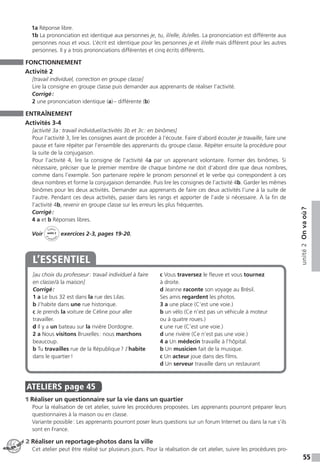 55
unité2Onvaoù ?
1a Réponse libre.
1b La prononciation est identique aux personnes je, tu, il / elle, ils / elles. La prononciation est différente aux
personnes nous et vous. L’écrit est identique pour les personnes je et il / elle mais différent pour les autres
personnes. Il y a trois prononciations différentes et cinq écrits différents.
FONCTIONNEMENT
Activité 2
[travail individuel, correction en groupe classe]
Lire la consigne en groupe classe puis demander aux apprenants de réaliser l’activité.
Corrigé :
2 une prononciation identique (a) – différente (b)
ENTRAÎNEMENT
Activités 3-4
[activité 3a : travail individuel / activités 3b et 3c : en binômes]
Pour l’activité 3, lire les consignes avant de procéder à l’écoute. Faire d’abord écouter je travaille, faire une
pause et faire répéter par l’ensemble des apprenants du groupe classe. Répéter ensuite la procédure pour
la suite de la conjugaison.
Pour l’activité 4, lire la consigne de l’activité 4a par un apprenant volontaire. Former des binômes. Si
nécessaire, préciser que le premier membre de chaque binôme ne doit d’abord dire que deux nombres,
comme dans l’exemple. Son partenaire repère le pronom personnel et le verbe qui correspondent à ces
deux nombres et forme la conjugaison demandée. Puis lire les consignes de l’activité 4b. Garder les mêmes
binômes pour les deux activités. Demander aux apprenants de faire ces deux activités l’une à la suite de
l’autre. Pendant ces deux activités, passer dans les rangs et apporter de l’aide si nécessaire. À la fin de
l’activité 4b, revenir en groupe classe sur les erreurs les plus fréquentes.
Corrigé :
4 a et b Réponses libres.
Voir
Cahier
d 
’activit
és
unité 2
exercices 2-3, pages 19-20.
[au choix du professeur : travail individuel à faire
en classe / à la maison]
Corrigé :
1 a Le bus 32 est dans la rue des Lilas.
b J’habite dans une rue historique.
c Je prends la voiture de Céline pour aller
travailler.
d Il y a un bateau sur la rivière Dordogne.
2 a Nous visitons Bruxelles : nous marchons
beaucoup.
b Tu travailles rue de la République ? J’habite
dans le quartier !
c Vous traversez le fleuve et vous tournez
à droite.
d Jeanne raconte son voyage au Brésil.
Ses amis regardent les photos.
3 a une place (C’est une voie.)
b un vélo (Ce n’est pas un véhicule à moteur
ou à quatre roues.)
c une rue (C’est une voie.)
d une rivière (Ce n’est pas une voie.)
4 a Un médecin travaille à l’hôpital.
b Un musicien fait de la musique.
c Un acteur joue dans des films.
d Un serveur travaille dans un restaurant
L’ESSENTIEL
ATELIERS  page 45
1 Réaliser un questionnaire sur la vie dans un quartier
Pour la réalisation de cet atelier, suivre les procédures proposées. Les apprenants pourront préparer leurs
questionnaires à la maison ou en classe.
Variante possible : Les apprenants pourront poser leurs questions sur un forum Internet ou dans la rue s’ils
sont en France.
2 Réaliser un reportage-photos dans la ville
Cet atelier peut être réalisé sur plusieurs jours. Pour la réalisation de cet atelier, suivre les procédures pro-ATELIER TECH’
 