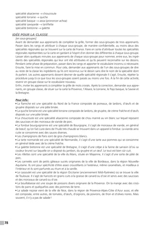 78
spécialité alsacienne → choucroute
spécialité lorraine → quiche
spécialité basque → axoa (prononcer achoa)
spécialité savoyarde → tartiflette
spécialité bretonne → galette
IDÉE POUR LA CLASSE
[en sous-groupes]
Avant de demander aux apprenants de compléter la grille, former des sous-groupes de trois apprenants.
Passer dans les rangs et attribuer à chaque sous-groupe, de manière confidentielle, au moins deux des
spécialités régionales qui se trouvent sur la carte de France. Faire en sorte d’attribuer toutes les spécialités
régionales représentées sur la carte en gardant à l’esprit d’en donner des différentes à chaque sous-groupe.
Laisser alors quelques minutes aux apprenants de chaque sous-groupe pour nommer, entre eux, les ingré-
dients des spécialités régionales qui leur ont été attribuées et qu’ils peuvent reconnaître sur les dessins.
Pendant cette phase de préparation, passer dans les rangs et apporter le vocabulaire inconnu si nécessaire.
Ensuite, faire la mise en commun. Pour cela, demander aux apprenants de l’un des sous-groupes de dire
au reste de la classe les ingrédients qu’ils ont reconnus sur le dessin sans dire le nom de la spécialité dont
ils parlent. Les autres apprenants doivent deviner de quelle spécialité régionale il s’agit. Ensuite, répéter la
procédure jusqu’à ce que tous les sous-groupes soient passés au moins une fois. À la fin de cette activité,
revenir en groupe classe sur le vocabulaire nouveau.
Enfin, inviter les apprenants à compléter la grille de mots croisés. Après la correction, demander aux appre-
nants, en groupe classe, de situer sur la carte la Provence, l’Alsace, la Lorraine, le Pays basque, la Savoie et
la Bretagne.
Pour info :
• La flamiche est une spécialité du Nord de la France composée de poireaux, de lardons, d’œufs et de
gruyère disposés sur une pâte brisée.
• La quiche lorraine est une spécialité lorraine composée de lardons, de gruyère, de crème fraîche et d’œufs
disposés sur une pâte brisée.
• La choucroute est une spécialité alsacienne composée de chou mariné au vin blanc sur lequel reposent
des saucisses et des morceaux de viande de porc.
• La fondue bourguignonne est une spécialité de Bourgogne, il s’agit de morceaux de viande, en général
de bœuf, qu’on fait cuire dans de l’huile très chaude se trouvant dans un appareil à fondue. La viande ainsi
cuite se consomme avec des sauces diverses.
• Les champignons de Paris sont de gros champignons blancs.
• La tarte normande est une spécialité de Normandie, il s’agit d’une tarte aux pommes qui se consomme
en général tiède avec de la crème fraîche.
• La galette bretonne est une spécialité de Bretagne, il s’agit d’une crêpe à la farine de sarrasin (d’où sa
couleur brune) sur laquelle on a disposé du jambon, du gruyère et un œuf. Le tout est bien sûr cuit.
• Les rillettes sont une spécialité de la ville du Mans, située en Mayenne, il s’agit d’une sorte de pâté de
porc.
• Les cannelés sont de petits gâteaux sucrés originaires de la ville de Bordeaux, dans la région Nouvelle-
Aquitaine. Ils ont pour spécificité d’être assez croustillants à l’extérieur, même caramélisés, et moelleux à
l’intérieur et ils sont parfumés au rhum et à la vanille.
• Le cassoulet est une spécialité de la région Occitanie (anciennement Midi-Pyrénées) où se trouve la ville
de Toulouse. Il s’agit de haricots en grains cuits à la graisse de canard ou d’oie et servis avec des saucisses
et des morceaux de canard ou d’oie.
• La bouillabaisse est une soupe de poissons divers originaire de la Provence. On la mange avec des croû-
tons de pains et quelquefois avec des pommes de terre.
• La salade niçoise vient de la ville de Nice, dans la région de Provence-Alpes-Côte d'Azur aussi, et elle
est composée, entre autres, de tomates, d’œufs, d’oignons, de poivrons, de thon et d’olives noires. Mais
souvent, il n’y a pas de salade !
 