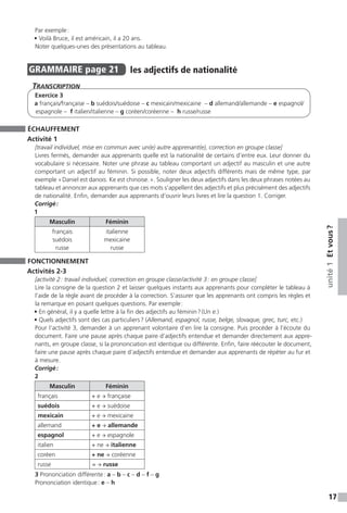 17
unité1Etvous ?
Par exemple :
• Voilà Bruce, il est américain, il a 20 ans.
Noter quelques-unes des présentations au tableau.
GRAMMAIRE page 21  
les adjectifs de nationalité
Transcription
Exercice 3
a français/française – b suédois/suédoise – c mexicain/mexicaine – d allemand/allemande – e espagnol/
espagnole – f italien/italienne – g coréen/coréenne – h russe/russe
ÉCHAUFFEMENT
Activité 1
[travail individuel, mise en commun avec un(e) autre apprenant(e), correction en groupe classe]
Livres fermés, demander aux apprenants quelle est la nationalité de certains d’entre eux. Leur donner du
vocabulaire si nécessaire. Noter une phrase au tableau comportant un adjectif au masculin et une autre
comportant un adjectif au féminin. Si possible, noter deux adjectifs différents mais de même type, par
exemple « Daniel est danois. Ke est chinoise. ». Souligner les deux adjectifs dans les deux phrases notées au
tableau et annoncer aux apprenants que ces mots s’appellent des adjectifs et plus précisément des adjectifs
de nationalité. Enfin, demander aux apprenants d’ouvrir leurs livres et lire la question 1. Corriger.
Corrigé :
1
Masculin Féminin
français
suédois
russe
italienne
mexicaine
russe
FONCTIONNEMENT
Activités 2-3
[activité 2 : travail individuel, correction en groupe classe / activité 3 : en groupe classe]
Lire la consigne de la question 2 et laisser quelques instants aux apprenants pour compléter le tableau à
l’aide de la règle avant de procéder à la correction. S’assurer que les apprenants ont compris les règles et
la remarque en posant quelques questions. Par exemple :
• En général, il y a quelle lettre à la fin des adjectifs au féminin ? (Un e.)
• Quels adjectifs sont des cas particuliers ? (Allemand, espagnol, russe, belge, slovaque, grec, turc, etc.)
Pour l’activité 3, demander à un apprenant volontaire d’en lire la consigne. Puis procéder à l’écoute du
document. Faire une pause après chaque paire d’adjectifs entendue et demander directement aux appre-
nants, en groupe classe, si la prononciation est identique ou différente. Enfin, faire réécouter le document,
faire une pause après chaque paire d’adjectifs entendue et demander aux apprenants de répéter au fur et
à mesure.
Corrigé :
2
Masculin Féminin
français + e → française
suédois + e → suédoise
mexicain + e → mexicaine
allemand + e → allemande
espagnol + e → espagnole
italien + ne → italienne
coréen + ne → coréenne
russe = → russe
3 Prononciation différente : a – b – c – d – f – g
Prononciation identique : e – h
 