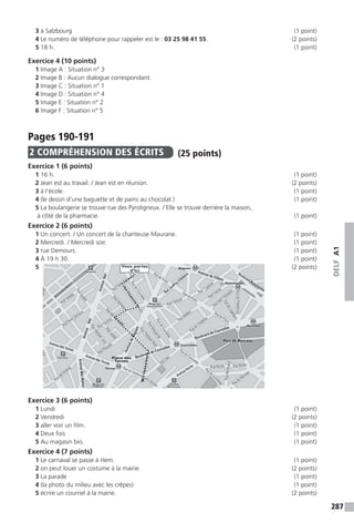 287
DELFA1
3 à Salzbourg  (1 point)
4 Le numéro de téléphone pour rappeler est le : 03 25 98 41 55.  (2 points)
5 18 h. (1 point)
Exercice 4 (10 points)
1 Image A : Situation n° 3
2 Image B : Aucun dialogue correspondant.
3 Image C : Situation n° 1
4 Image D : Situation n° 4	
5 Image E : Situation n° 2	
6 Image F : Situation n° 5
Pages 190-191
2 COMPRÉHENSION DES ÉCRITS (25 points)
Exercice 1 (6 points)
1 16 h.  (1 point)
2 Jean est au travail. / Jean est en réunion. (2 points)
3 à l’école.  (1 point)
4 (le dessin d’une baguette et de pains au chocolat.)  (1 point)
5 La boulangerie se trouve rue des Pyroligneux. / Elle se trouve derrière la maison,
à côté de la pharmacie. (1 point)
Exercice 2 (6 points)
1 Un concert. / Un concert de la chanteuse Maurane. (1 point)
2 Mercredi. / Mercredi soir. (1 point)
3 rue Demours. (1 point)
4 À 19 h 30. (1 point)
5  (2 points)
Exercice 3 (6 points)
1 Lundi (1 point)
2 Vendredi	  (2 points)
3 aller voir un film. (1 point)
4 Deux fois (1 point)
5 Au magasin bio. (1 point)
Exercice 4 (7 points)
1 Le carnaval se passe à Hem. (1 point)
2 on peut louer un costume à la mairie. (2 points)
3 La parade (1 point)
4 (la photo du milieu avec les crêpes) (1 point)
5 écrire un courriel à la mairie. (2 points)
RuedeCourcelles
RuedeCourcelles
RueThéodoredeBanville
RueRennequin
RueThéoduleRibot
Rue des Renaudes
RueLaugier
Rue de Prony
Rue de Prony
Rue de PronyRue Médéric
Rue de Chazelles
Rue Murillo Rue Murillo
RueMargueritte
Rue Fortuny
Rue Henri Rochefort
RuedeLogelbach
gruobslahPedeuR
Rue Cardinet
Avenue des Ternes
Avenue des Ternes
AvenueMac-Mahon
AvenueNiel
AvenueNiel
AvenuedeWagram
Boulevard Péreire
Boulevard Malesherbes
Avenue de Villiers
Rue Jouffroy d’Abbans
Boulevard de Courcelles
Boulevard de Courcelles
Avenue Hoche
Rue de Courcelles
Rue de Monceau
RueRembrandt
Rue Daru
Rue Poncelet
Rue Fourcroy
RueLaugier
RueSaussierLeroy
Rue Pierre Demours
Rue Pierre Demours
Rue Faraday
Rue
Cardinet
Parc de Monceau
Place des
Ternes
Rue des Acacias Ruede C
ourcelles
RuedeCourcelles
RuedeCourcelles
RueThéodoredeBanville
RueRennequin
RueThéoduleRibot
Rue des Renaudes
RueLaugier
Rue de Prony
Rue de Prony
Rue de PronyRue Médéric
Rue de Chazelles
Rue Murillo Rue Murillo
RueMargueritte
Rue Fortuny
Rue Henri Rochefort
RuedeLogelbach
gruobslahPedeuR
Rue Cardinet
Avenue des Ternes
Avenue des Ternes
AvenueMac-Mahon
AvenueNiel
AvenueNiel
AvenuedeWagram
Boulevard Péreire
Boulevard Malesherbes
Avenue de Villiers
Rue Jouffroy d’Abbans
Boulevard de Courcelles
Boulevard de Courcelles
Avenue Hoche
Rue de Courcelles
Rue de Monceau
RueRembrandt
Rue Daru
RuedelaNéva
RuedelaNéva
Rue Poncelet
Rue Fourcroy
RueLaugier
RueSaussierLeroy
Rue Pierre Demours
Rue Pierre Demours
Rue Faraday
Rue
Cardinet
Parc de Monceau
Place des
Ternes
Rue des Acacias Ruede C
ourcelles
Rue du FaubourgSaint-Honoré
Rue du FaubourgSaint-Honoré
Vous partez
d’ici
Wagram
Malesherbes
Ternes
Courcelles
Wagram
Malesherbes
Ternes
Courcelles
MonceauMonceau
Wagram
Courcelles
Wagram
Habitat
Hoche
Monceau
Ternes
Péreire
Wagram
Courcelles
Wagram
Habitat
Hoche
Monceau
Ternes
Péreire
 