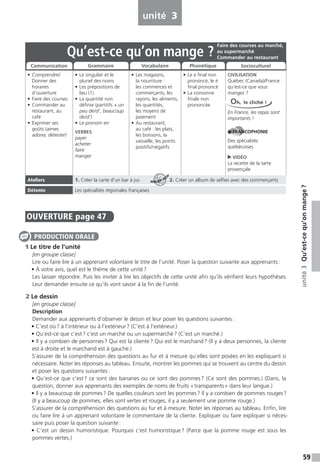59
unité3Qu’est-cequ’onmange?
unité 3
OUVERTURE page 47
1 Le titre de l’unité
[en groupe classe]
Lire ou faire lire à un apprenant volontaire le titre de l’unité. Poser la question suivante aux apprenants:
• À votre avis, quel est le thème de cette unité?
Les laisser répondre. Puis les inviter à lire les objectifs de cette unité afin qu’ils vérifient leurs hypothèses.
Leur demander ensuite ce qu’ils vont savoir à la fin de l’unité.
2 Le dessin
[en groupe classe]
Description
Demander aux apprenants d’observer le dessin et leur poser les questions suivantes:
• C’est où? à l’intérieur ou à l’extérieur? (C’est à l’extérieur.)
• Qu’est-ce que c’est? c’est un marché ou un supermarché? (C’est un marché.)
• Il y a combien de personnes? Qui est la cliente? Qui est le marchand? (Il y a deux personnes, la cliente
est à droite et le marchand est à gauche.)
S’assurer de la compréhension des questions au fur et à mesure qu’elles sont posées en les expliquant si
nécessaire. Noter les réponses au tableau. Ensuite, montrer les pommes qui se trouvent au centre du dessin
et poser les questions suivantes:
• Qu’est-ce que c’est? ce sont des bananes ou ce sont des pommes? (Ce sont des pommes.) (Dans, la
question, donner aux apprenants des exemples de noms de fruits «transparents» dans leur langue.)
• Il y a beaucoup de pommes? De quelles couleurs sont les pommes? Il y a combien de pommes rouges?
(Il y a beaucoup de pommes, elles sont vertes et rouges, il y a seulement une pomme rouge.)
S’assurer de la compréhension des questions au fur et à mesure. Noter les réponses au tableau. Enfin, lire
ou faire lire à un apprenant volontaire le commentaire de la cliente. Expliquer ou faire expliquer si néces-
saire puis poser la question suivante:
• C’est un dessin humoristique. Pourquoi c’est humoristique? (Parce que la pomme rouge est sous les
pommes vertes.)
PRODUCTION ORALE
Qu’est-ce qu’on mange ?
• Comprendre/
Donner des
horaires
d’ouverture
• Faire des courses
• Commander au
restaurant, au
café
• Exprimer ses
goûts (aimer,
adorer, détester)
• Le singulier et le
pluriel des noms
• Les prépositions de
lieu (1)
• La quantité non
définie (partitifs + un
peu de/d’, beaucoup
de/d’)
• Le pronom en
VERBES
payer
acheter
faire
manger
• Les magasins,
la nourriture :
les commerces et
commerçants, les
rayons, les aliments,
les quantités,
les moyens de
paiement
• Au restaurant,
au café : les plats,
les boissons, la
vaisselle, les points
positifs/négatifs
• Le e final non
prononcé, le é
final prononcé
• La consonne
finale non
prononcée
CIVILISATION
Québec (Canada)/France :
qu’est-ce que vous
mangez ?
En France, les repas sont
importants !
FRANCOPHONIE
Des spécialités
québécoises
VIDÉO
La recette de la tarte
provençale
Ateliers 1. Créer la carte d’un bar à jus 2. Créer un album de selfies avec des commerçants
Détente Les spécialités régionales françaises
Faire des courses au marché,
au supermarché
Commander au restaurant
Communication Grammaire Vocabulaire Phonétique Socioculturel
Oh, le cliché !
ATELIER TECH’
 