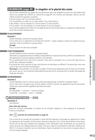 63
unité3Qu’est-cequ’onmange ?
GRAMMAIRE  page 49  
le singulier et le pluriel des noms
Afin de faire comprendre aux apprenants la signification des mots singulier et pluriel, leur demander d’ob-
server une nouvelle fois l’affiche du marché de la page 48. Puis montrer, par exemple, l’étal où sont les
melons et poser les questions suivantes :
• Qu’est-ce que c’est ? (Ce sont des melons.)
• Il y a seulement un melon ou il y a des melons ? (Il y a des melons.)
• Des melons, c’est du singulier ou c’est du pluriel ? (C’est du pluriel.)
• Et un melon, c’est du singulier ou c’est du pluriel ? (C’est du singulier.)
Puis inviter les apprenants à retourner à la page 49 de leur livre et demander à un apprenant volontaire de
lire le titre du point de grammaire.
ÉCHAUFFEMENT
Activité 1
[travail individuel, correction en groupe classe]
Lire ou faire lire à un apprenant la consigne de l’activité 1. Laisser quelques instants aux apprenants pour
répondre. Faire la correction en groupe classe.
Corrigé :
1 Il y a un s à la fin des noms soulignés.
FONCTIONNEMENT
[travail individuel, mise en commun en groupe classe]
Demander aux apprenants de lire le tableau individuellement. Quand cela est fait, vérifier la compréhension
des apprenants en posant quelques questions. Par exemple :
• Il y a quelle lettre à la fin des noms au pluriel ? Vous avez un exemple ? (Il y a un s à la fin des noms au
pluriel, des citrons par exemple.)
• Le pluriel des noms masculins et des noms féminins est identique ou différent ? (Le pluriel des noms mas-
culins et des noms féminins est identique.)
Remarque : Il sera possible, si la situation s’y prête, d’informer les apprenants que les mots qui se finissent
par -au ou -eau ou –eu ne prennent généralement pas de s à la fin au pluriel mais un x (des morceaux, des
lieux, par exemple).
ENTRAÎNEMENT
Activité 2
[travail individuel, mise en commun avec un(e) autre apprenant(e), correction en groupe classe]
Lire ou faire lire la consigne avant de faire réaliser l’activité. Informer les apprenants que les documents
utilisés pour cette activité s’appellent des tickets de caisse.
Corrigé :
2 2 baguettes – 1 croissant – 1 tarte aux fraises
2 poivrons – 3 tomates – 1 citron – 2 salades
Question 3
[en binômes]
Pour faire des courses
Faire lire, de façon individuelle, le contenu de cet encadré. Expliquer ou faire expliquer le vocabulaire
inconnu si nécessaire.
Voir
Cahier
d 
’activit
és
unité 3
exercice de communication 2, page 25.
Lire ou faire lire la consigne de la question 3 avant de faire répondre. Encourager les apprenants à utiliser
les expressions de l’encadré communication dans leurs réponses. Puis, former des binômes et leur laisser
environ dix minutes pour préparer leurs dialogues. Enfin, demander à tous les binômes, les uns après les
autres, de jouer leur dialogue devant la classe. Comme il s’agit d’une production orale liée à l’épreuve du
DELF A1, les laisser s’exprimer sans les interrompre. Revenir cependant sur les erreurs en groupe classe à
la fin de chaque dialogue.
PRODUCTION ORALE DELF
 