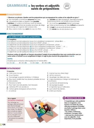 126
GRAMMAIRE > les verbes et adjectifs
suivis de prépositions
ÉCHAUFFEMENT
1 Observez ces phrases. Quelles sont les prépositions qui accompagnent les verbes et les adjectifs en gras 7
a I Ron Hornbaker, un Américain amoureux des livres.
b I Une plateforme Web sur laquelle il sera possible
d'attribuer un numéro à un livre pour suivre son périple.
c I Pour continuer à faire de nouvelles rencontres, des Méga
Bookcrossings sont organisés dans plusieurs villes.
d I Nous oserions moins nous saisir de ce qui est offert.
FONCTIONNEMENT
Les verbes et adjectifs avec prépositions
2 Complétez.
e I Sensible aux idées écologiques, Dave Way envisage le
bookcrossing comme une nouvelle vie pour les livres.
f I Un circuit leur permettant d'éviter le pilonnage.
g I Grâce au bookcrossing, les livres s'offrent aux passants.
h l 11 s'agit d'une rencontre de bookcrosseurs.
i I On mérite tous de vivre plusieurs vies.
• Le verbe est suivi de la préposition à puis d'un complément (nom/pronom) : phrases b et .
• Le verbe est suivi de la préposition à puis d'un infinitif : phrase .....
• L'adjectif est suivi de la préposition à puis d'un complément (nom/pronom) : phrase .....
• Le verbe est suivi de la préposition de puis d'un complément (nom/pronom): phrases ..... et
• L'adjectif est suivi de la préposition de puis d'un complément (nom/pronom) : phrase .....
• Le verbe est suivi de la préposition de puis d'un infinitif : phrases ..... et ...
• L'adjectif est suivi de la préposition de puis d'un infinitif : phrase .
Plusieurs verbes et adjectifs en français nécessitent l'emploi d'une préposition dans une construction avec un
autre verbe à l'infinitif ou un complément d'objet. li s'agit le plus souvent des prépositions à ou de.
RAPPEL
N'oubliez pas la contraction entre la préposition et l'article défini :
à + le =au de + le =du à + les =aux de + les =des
ENTRAÎNEMENT
3 Associez.
a I Cette usine s'occupe
b I Je suis heureux
c I Pour partager sa passion de lecture, il s'intéresse
d I Nous avons installé chez nous plusieurs poubelles car nous
sommes sensibles
e I Personne ne mérite
f I Pour l'avenir de notre planète, il est nécessaire
g I J'aimerais offrir une seconde vie
h I Certains gestes écologiques sont plus faciles
i I Je continue
On a repéré
LES BOÎTES À PARTAGE
Pour échanger ou
partager vêtements/livres/
petit électroménager
entre voisins, il n'y a pas
plus simple. On dépose
dans la boîte les objets
dont on n'a plus besoin
et on y récupère ceux
qui nous intéressent.
C'est gratuit et accessible
24 h/24.
1 1à penser que vous devez réagir.
2 1de finir comme lui.
3 1de partager mes idées avec vous.
4 1d'agir ensemble pour changer nos habitudes de
consommation.
5 1aux réunions de bookcrossing.
6 1de recyclage du papier.
7 1à l'aspirateur que je n'utilise plus.
8 1au tri sélectif des déchets.
9 1à faire que d'autres.
® PRODUCTION ÉCRITE
4 lnspiré(e) par cette publicité
dans un magazine, vous
écrivez à la mairie de votre
ville pour proposer d'installer
une boîte à partage dans votre
quartier. Utilisez :
- les verbes s'intéresser,
continuer, s'occuper, offrir
- ainsi que les constructions
avec les adjectifs : il est
important, il est possible.
 