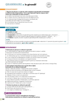 130
GRAMMAIRE > le gérondif
ÉCHAUFFEMENT
1 Observez les phrases. Le sujet du verbe conjugué et du gérondif est-il identique
ou différent dans chaque phrase 7 Est-ce que le gérondif exprime toujours deux
actions qui se déroulent au même moment 7
a I En éditant vos brochures et vos tracts, vous détruisez les forêts.
b I En restant chez moi, je fais beaucoup moins de dégâts que vous.
c I En retournant dans le village de mes parents, j'ai entendu dire
qu'au-dessus de notre village, il y a une montagne.
d I On minéralise l'eau en rajoutant de l'eau d'un puits.
e I Elle chantait en s'éveillant .
FONCTIONNEMENT
Le gérondif
2 Complétez la règle.
Le gérondif permet d'exprimer :
• la simultanéité de deux actions (le gérondif peut être remplacé par en même temps que) : phrases e et .
• la manière dont une action se passe (le gérondif répond à la question comment?) : phrases ..... et ..
• la condition à laquelle une action se passe (le gérondif peut être remplacé pars,) : phrase .....
RAPPEL
Le gérondif est une forme invariable composée de la préposition en+ radical de la 1"' personne du pluriel du présent+ ant.
Faites attention aux exceptions : ayant, étant, sachant.
ENTRAÎNEMENT
3 Reformulez les phrases en utilisant le gérondif.
a I En même temps qu'il organisait des stages de survie dans la nature il a adhéré
à l'association de protection de l'environnement.
b I Je milite pour une nourriture écologique et je refuse d'acheter des fruits exotiques.
c I En même temps que nous montrons l'exemple nous essayons de transmettre nos idées.
d I Si vous militez pour le développement durable, vous assurez l'avenir de la planète.
e 10 n assure Ie futur de notre planète si on respecte la nature.
f I Nous devenons acteurs du changement positif quand nous investissons notre temps
pour faire la promotion de l'écologie.
g I Quand on installe des systèmes de récupération d'eau de pluie on peut lutter contre le manque d'eau.
4 Voici quelques instructions pour recycler divers objets.
Reformulez-les en utilisant le gérondif.
Exemple : Restes de nourriture - Déposer dans un bac à compost
Recyclez les restes de nourriture en les déposant dans un bac à compost.
a I Piles - Laisser dans les points de collecte en magasin
b I Bouteilles de lait en plastique - Jeter dans un conteneur pour PET (plastique)
c I Meubles - Faire un don à une association
d I Pots de plantes cassés - S'en débarrasser à la déchetterie
e I Journaux - Déposer dans un conteneur pour papier
f I Vieux téléphone portable - Rendre dans un commerce spécialisé
g I Médicaments périmés - Rapporter à la pharmacie
h I Sachets de thé - Mettre dans un bac à compost
5 Terminez les phrases en utilisant le gérondif.
a I Les gaz à effet de serre détruisent notre planète en
b I Nous faisons des économies d'eau en ....
c I Les citoyens se mobilisent pour l'écologie en .....
PRODUCTION ORALE
6 Comment lutter contre le réchauffement climatique ?
Faites plusieurs propositions en utilisant un gérondif par phrase.
 