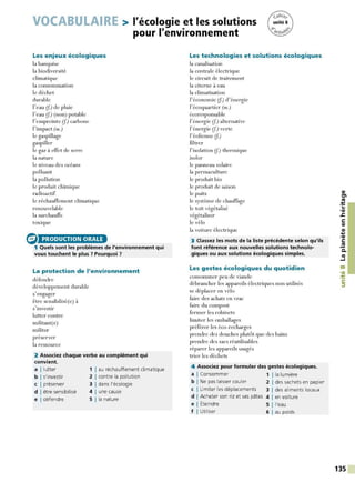VOCABULAIRE > l'écologie et les solutions
pour l'environnement
Les enjeux écologiques
la banquise
la biodiversité
climatique
la consommation
le déchet
durable
l'eau (f) de pluie
l'eau (f) (non) potable
l'empreinte (f) carbone
l'impact (m.)
le gaspillage
gaspiller
le gaz à effet de serre
la nature
le niveau des océans
polluant
la pollution
le produit chimique
radioactif
le réchauffement climatique
renouvelable
la surchauffe
toxique
Ci> PRODUCTION ORALE
1 Quels sont les problèmes de l'environnement qui
vous touchent le plus 7 Pourquoi 7
La protection de l'environnement
défendre
développement durable
s'engager
être sensibilisé(e) à
s'investir
lutter contre
militant(e)
militer
préserver
la ressource
2 Associez chaque verbe au complément qui
convient.
a !lutter
b I s'investir
c I préserver
d I être sensibilisé
e I défendre
1 1 au réchauffement climatique
2 1 contre la pollution
3 1 dans l'écologie
4 1 une cause
5 !la nature
Les technologies et solutions écologiques
la canalisation
la centrale électrique
le circuit de traitement
la citerne à eau
la climatisation
l'économie (f) d'énergie
I' écoquartier (m.)
écoresponsable
l'énergie (f) alternative
l'énergie (f) verte
l' éolienne (f)
filtrer
l' isolation (f) thermique
isoler
le panneau solaire
la permaculture
le produit bio
le produit de saison
le puits
le système de chauffage
le toit végétalisé
végétaliser
le vélo
la voiture électrique
3 Classez les mots de la liste précédente selon qu'ils
font référence aux nouvelles solutions technolo-
giques ou aux solutions écologiques simples.
Les gestes écologiques du quotidien
consommer peu de viande
débrancher les appareils électriques non utilisés
se déplacer en vélo
faire des achats en vrac
faire du compost
fermer les robinets
limiter les emballages
préférer les éco-recharges
prendre des douches plutôt que des bains
prendre des sacs réutilisables
réparer les appareils usagés
trier les déchets
4 Associez pour formuler des gestes écologiques.
a I Consommer 1 !la lumière
b I Ne pas laisser couler 2 1 des sachets en papier
c I Limiter les déplacements 3 1 des aliments locaux
d I Acheter son riz et ses pâtes 4 1 en voiture
e I Éteindre 5 1 l'eau
f I Utiliser 6 1 au poids
QI
tn
-~
...
•QI
.s::
C:
QI
QI
....
,QI
C:
.!!!
C.
tO
....1
00
,a,
-~
C:
::,
135
 