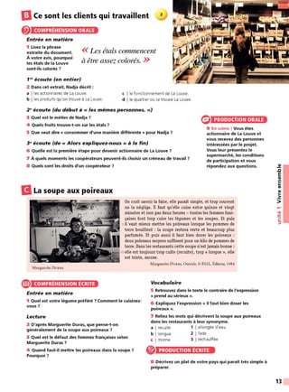 aCe sont les clients qui travaillent 2
COMPRÉHENSION ORALE
Entrée en matière
1 Lisez la phrase
extraite du document.
À votre avis, pourquoi
les étals de la Louve
sont-ils colorés 7
<< Les étals commencent
à être assez colorés. >>
f N écoute (en entier)
2 Dans cet extrait, Nadja décrit :
a l les actionnaires de La Louve.
b l les produits qu'on trouve à La Louve.
c l le fonctionnement de La Louve.
d l le quartier où se trouve La Louve.
2 ~écoute (du début à« les mêmes personnes.»)
3 Quel est le métier de Nadja 7
PRODUCTION ORALE
4 Quels fruits trouve-t-on sur les étals 7
5 Que veut dire « consommer d'une manière différente » pour Nadja 7
9 En scène ! Vous êtes
actionnaire de La Louve et
vous recevez des personnes
intéressées par le projet.
Vous leur présentez le
supermarché, les conditions
de participation et vous
répondez aux questions.
3~écoute (de « Alors expliquez-nous » à la fin)
6 Quelle est la première étape pour devenir actionnaire de La Louve 7
7 À quels moments les coopérateurs peuvent-ils choisir un créneau de travail 7
8 Quels sont les droits d'un coopérateur 7
B La soupe aux poireaux
Marguerite DURAS
~ COMPRÉHENSION ÉCRITE
Entrée en matière
On croit savoir la faire, elle paraît simple, et trop souvent
on la néglige. Il faut qu'elle cuise entre quinze et vingt
minutes et non pas deux heures - toutes les femmes fran-
çaises font trop cuire les légumes et les soupes. Et puis
sil vaut mieux mettre les poireaux lorsque les pommes de
terre bouillent : la soupe restera verte et beaucoup plus
parfumée. Et puis aussi il faut bien doser les poireaux :
deux poireaux moyens suffisent pour un kilo de pommes de
terre. Dans les restaurants cette soupe n'est jamais bonne :
10 elle est toujours trop cuite (recuite), trop« longue», elle
est triste, morne.
Marguerite DURAS, Outside, © P.O.L. Éditeur, 1984
Vocabulaire
5 Retrouvez dans le texte le contraire de l'expression
« prend au sérieux ».
1 Quel est votre légume préféré 7 Comment le cuisinez-
vous 7
6 Expliquez l'expression « il faut bien doser les
poireaux ».
Lecture
2 D'après Marguerite Duras, que pense-t-on
généralement de la soupe aux poireaux 7
3 Quel est le défaut des femmes françaises selon
Marguerite Duras 7
4 Quand faut-il mettre les poireaux dans la soupe 7
Pourquoi 7
7 Reliez les mots qui décrivent la soupe aux poireaux
dans les restaurants à leur synonyme.
a I recuite 1 1allongée d'eau
b I longue 2 1 fade
c I morne 3 1 réchauffée
PRODUCTION ÉCRITE
8 Décrivez un plat de votre pays qui paraît très simple à
préparer.
~
.c
E
CIi
Ill
C:
CIi
CIi
..
•2::
>
....
•CIi
:!::!
C:
::,
13
 