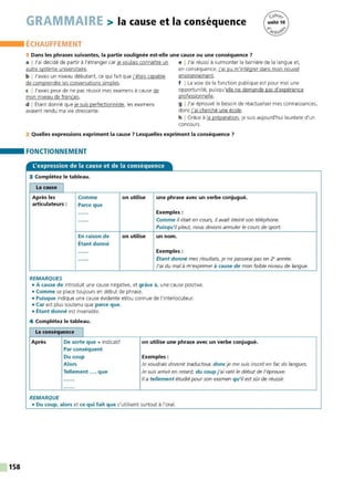 158
GRAMMAIRE > la cause et la conséquence
ÉCHAUFFEMENT
1 Dans les phrases suivantes, la partie soulignée est-elle une cause ou une conséquence 7
a I J'ai décidé de partir à l'étranger car je voulais connaître un e I J'ai réussi à surmonter la barrière de la langue et,
autre système universitaire. en conséquence, j'ai pu m'intégrer dans mon nouvel
b I J'avais un niveau débutant, ce qui fait que j'étais capable environnement.
de comprendre les conversations simples. f I La voie de la fonction publique est pour moi une
c I J'avais peur de ne pas réussir mes examens à cause de opportunité, puisqu'elle ne demande pas d'expérience
mon niveau de francais. professionnelle.
d I Étant donné que je suis perfectionniste, les examens g I J'ai éprouvé le besoin de réactualiser mes connaissances,
avaient rendu ma vie stressante. donc j'ai cherché une école.
h I Gr~ce à la préparation, je suis aujourd'hui lauréate d'un
concours.
2 Quelles expressions expriment la cause 7 Lesquelles expriment la conséquence 7
FONCTIONNEMENT
L
'expression de la cause et de la conséquence
3 Complétez le tableau.
La cause 1
Après les Comme on utilise une phrase avec un verbe conjugué.
articulateurs : Parce que
...... Exemples :
...... Comme il était en cours, il avait éteintson téléphone.
Puisqu'il pleut, nous devons annuler le cours de sport.
En raison de on utilise un nom.
Étant donné
...... Exemples :
...... Étant donné mes résultats, je ne passerai pas en 2• année.
J'ai du malà m'exprimer à cause de mon faible niveau de langue.
REMARQUES
• À cause de introduit une cause négative, et grâce à, une cause positive.
• Comme se place toujours en début de phrase.
• Puisque indique une cause évidente et/ou connue de l'interlocuteur.
• Car est plus soutenu que parce que.
• Étant donné est invariable.
4 Complétez le tableau.
La conséquence 1
Après De sorte que + indicatif on utilise une phrase avec un verbe conjugué.
Par conséquent
Du coup Exemples :
Alors Je voudrais devenir traducteur, donc je me suis inscrit en fac de langues.
Tellement .... que Je suis arrivé en retard, du coup j'ai raté le début de l'épreuve.
...... Il a tellement étudié pour son examen qu'il estsûr de réussir.
......
REMARQUE
• Du coup, alors et ce qui fait que s'utilisent surtout à l'oral.
 