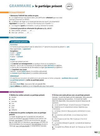 GRAMMAIRE > le participe présent
ÉCHAUFFEMENT
1 Retrouvez l'infinitif des verbes en gras.
a I Un organisme qui vous donne donc une certification attestant que vous avez
participé activement au MOOC.
b I La réflexion de Hegel sur le travail permet ainsi de nourrir une dissertation
répondant à la question : « Peut-on être heureux sans travailler? »
c I Les stagiaires ayant la motivation, ils ont pu terminer le module.
2 Comment pourrait-on reformuler les phrases a, b, c et d 7
a I Avec comme : phrases ...... et .
b I Avec qui: phrases ...... et ..... .
FONCTIONNEMENT
Le participe présent
Formation
On forme la participe présent avec le radical de la 1re personne du pluriel du présent+ -ant.
Nous apprenons -> apprenant
Exceptions :
• avoir-> ayant
• être -> étant
• savoir-> sachant
Emploi
Le participe présent permet :
• de donner un renseignement sur quelque chose ou sur quelqu'un.
Exemple : Sur ce site, tu trouveras les formations en ligne donnant un diplôme.
(= Sur ce site, tu trouveras les les formations en ligne qui donnent un diplôme.)
• d'exprimer une cause.
Exemple : Le prof étant absent, le contrôle a été annulé.
(= Comme le prof était absent, le contrôle a été annulé)
REMARQUE
On exprime qu'une action est antérieure à une autre avec la forme composée: auxiliaire être ou avoir
au participe présent + verbe au participe passé.
Exemples :
Les cours étant finis, nous avons fait une grande fête.
Ayant obtenu un diplôme, je ne m'inquiète plus pour mon avenir.
ENTRAÎNEMENT
3 Mettez les verbes suivants au participe présent.
a I étudier
b I boire
c I prendre
d I voir
e I jeter
f I dire
g I réfléchir
4 Réécrivez les parties soulignées avec un participe
présent.
Le master de géologie de l'université de Grenoble est
ouvert aux étudiants gui sont titulaires d'une licence 3 en
biologie, gui veulent s'orienter vers la recherche, gui ont
fait un stage dans un laboratoire, gui ont reçu une lettre de
recommandation d'un enseignant. qui sont partis étudier à
l'étranger, gui n'ont pas étudié à l'université de Grenoble.
5 Écrivez une seule phrase avec un participe présent.
Exemple : Le prof de maths est très disponible. Nous pouvons
lui poser beaucoup de questions. - Le prof de maths
étant très disponible, nous pouvons lui poser beaucoup de
questions.
a I Je sais parler français. Je suis à l'aise pour m'exprimer.
b I Delphine va à l'université en voiture. Delphine a pu
m'emmener.
c I Le temps s'éclaircit. Nous pouvons commencer le cours
de sport.
d I Les vacances sont arrivées. Je suis beaucoup moins
stressée.
e I Elle n'a pas eu son bac. Elle n'a pas pu s'inscrire à
l'université.
f I Le nombre d'étudiants grandit. L'université est devenue
trop petite.
g I J'ai oublié mes affaires de sport. Je n'irai pas au cours de
gym.
163
 