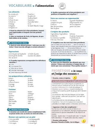 VOCABULAIRE > l'alimentation
Les aliments
1es céréales (f.)
la conserve
le fruit
le fruit de mer
le fruit sec
le laitage
le légume
le légume sec
l'œuf(m.)
les pâtes (f.)
le plat préparé
le poisson
le produit laitier
le riz
la viande blanche/rouge
1 Parmi les aliments de la liste précédente, lesquels
sont impérissables et lesquels sont des produits
frais 7
2 Citez un maximum de fruits, de légumes, de pro-
duits laitiers et de céréales.
(:) PRODUCTION ORALE
3 Quel est votre aliment préféré 7 celui que vous dé-
testez 7 Avez-vous des allergies à certains aliments 7
Expressions
avoir du pain sur la planche
avoir la pêche/la frite
être un navet
se fendre la poire
raconter des salades
4 À quelles expressions correspondent les définitions
suivantes 7
a I rire
b I un mauvais film
c I être très en forme
d I dire des mensonges
e I avoir beaucoup de travail
Les préparations culinaires
la farce le rôti
le gâteau la salade
le hors-d'œuvre la sauce
le potage la soupe
le ragoût le tartare
Cuisiner
assaisonner hacher
doser mélanger
égoutter poivrer
épicer préparer
éplucher réchauffer
faire bouillir rôtir
faire cuire saler
frire
@> PRODUCTION ÉCRITE
5 Inventez une recette de cuisine complètement folle
et jamais testée avec au moins six mots de la liste.
Donner son opinion sur un plat
c'est comestible
c'est délicieux
c'est exquis
c'est immangeable
c'est indigeste
c'est un régal
6 Quelles expressions de la liste précédente sont
positives et lesquelles sont négatives ?
Faire ses courses au supermarché
le chariot
comparer les prix
l'étal (m.)
la grande distribution
l'hypermarché (m.)
lire les étiquettes
passer à la caisse
faire des provisions
faire la queue
L'origine des produits
l'agriculteur, l'agricultrice la ferme
le label bio le paysan, la paysanne
le producteur, la
le commerce équitable
l'éleveur, l'éleveuse productrice
7 Complétez avec des mots de la liste précédente.
Jean et Odile sont tous les deux ..... dans le nord de la
France. Jean travaille la terre pour faire pousser des fruits
et des légumes, il est ...... Et sa voisine Odile est .....,
elle a un troupeau de vaches pour produire de la viande
ou du lait. Ils ont tous les deux le ..... car ils préfèrent les
produits qui respectent la nature. Ils vendent leurs produits
directement au consommateur dans leur
e PRODUCTION ORALE
8 Lisez-vous les étiquettes des aliments que vous
achetez 7 Faites-vous attention à l'origine des ali-
ments que vous consommez 7 Pour quelles raisons 7
« Je veux
et j'exige des excuses »
1 Écoutez, notez et répétez. 3
et la virgule phonétique
Contrairement aux autres langues européennes, le
français oral est constitué non pas de mots mais de
groupes rythmiques (= « mots phonétiques »)
d'environ quatre syllabes. L'accent individuel de
chaque mot se perd au profit du groupe dont il devient
membre.
La constitution des mots phonétiques suit les règles
de la syntaxe : verbe avec son pronom, nom avec ses
déterminants.
La frontière entre les mots phonétiques est très
importante. C'est une micro-pause (une respiration)
précédée d'une légère variation d'intonation vers le haut.
2 Apprenez à faire des compliments !
Tournez-vous vers votre voisin(e) et faites-lui un
compliment sur son vêtement. Allongez progressivement
votre phrase en ajoutant beau/belle et des adjectifs de
couleur.
Exemple : Que/le robe ! - Quelle belle robe ! - Quelle
belle robe bleue ! - Quelle belle robe bleu marine !
3 Écoutez cette poésie. 4
Résumez l'histoire d'Odile, Caï et Alligue.
~
.c
E
CIi
Ill
C:
CIi
CIi
..
.2::
>
....
•CIi
:!::!
C:
::,
15
 