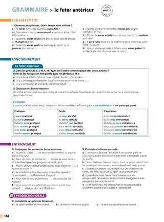 182
GRAMMAIRE > le futur antérieur
ÉCHAUFFEMENT
1 Observez ces phrases. Quels temps sont utilisés ?
a I Tu seras fier de toi quand tu auras fini !
b I Dans deux mois, tu auras réussi à parcourir entre 15 et
20 kilomètres !
c I Quand tu auras couru une fois ou deux avec le groupe,
tu changeras d'avis.
d I Quand tu auras senti les bienfaits du sport, tu ne
pourras plus arrêter !
FONCTIONNEMENT
Le futur antérieur
e I Pour la prochaine rencontre, j'aurai pris un peu
confiance en moi.
f I Quand tu auras assisté à un de nos matchs, tu voudras
participer !
g l 11 aura fallu deux ans de recherche pour mettre au point
cette chaussure.
h I Si vous pratiquez jusqu'à 90 ans, vous aurez passé 50
années à prendre du plaisir avec le sport !
2 Dans les phrases a, cet d, et f quel est l'ordre chronologique des deux actions ?
Relevez les marqueurs temporels dans les phrases b et e.
a l 11 y a deux actions futures, l'une précède l'autre : phrases a et .
b I Il y a un marqueur temporel futur et une action achevée future :
c l 11 y a un résultat et une durée de temps future : ....
3 Choisissez la bonne réponse.
On utilise le futur antérieur pour indiquer une action achevée / inachevée par rapport à une action ou à une référence
temporelle future.
Formation
Comme pour les autres temps composés, le futur antérieur se forme grâce à un auxiliaire et à un participe passé.
Pratiquer Sortir S'entraîner
j'aurai pratiqué je serai sorti{e) je me serai entraîné{e)
tu auras pratiqué
il/elle/on aura pratiqué
nous aurons pratiqué
vous aurez pratiqué
ils/elles auront pratiqué
tu seras sorti{e)
il/elle/on sera sorti{e)
nous serons sorti(e)s
vous serez sorti(e){s)
ils/elles seront sorti{e)s
tu te seras entraîné(e)
il/elle/on se sera entraîné{e)
nous nous serons entraîné{e)s
vous vous serez entraîné{e)(s)
ils/elles se seront entraîné{e)s
ENTRAÎNEMENT
4 Conjuguez les verbes au futur antérieur.
a I Quand tu (faire) ..... cet exercice d'étirement, tu pourras
passer à la suite.
b I Dans un mois, ils (contact er) ..... toutes les associations
afin de développer leur programme santé-sport.
c I Pour la prochaine séance de course, nous (s'exercer) ..... à
la posture correcte.
d I Je m'achèterai des chaussures connect ées quand je
(économiser) ..... suffisamment d'argent .
e I Pour mes 50 ans, je (terminer) ..... de construire ma
maison !
f I Vous passerez à la catégorie supérieure quand vous
(arriver) ..... à nager plus de 200 mètres.
PRODUCTION ORALE
6 Complétez ces phrases librement.
5 Choisissez la forme correcte.
a I L'entreprise lancera / aura lancé sa nouvelle paire de
chaussures quand elle testera / aura testé son modèle auprès
du public.
b I Nous mettrons / aurons mis en place ce projet quand tous
les partenaires donneront / auront donné leur participation.
c I Quand elle règlera / aura réglé tous ses problèmes de
santé, elle fera I aura fait du sport quotidiennement.
d I Quand elle finira I aura fini d'installer t ous les
équipements nécessaires, la municipalité inaugurera / aura
inauguré le parcours de santé.
e I Je m'achèterai I me serai acheté le nouveau modèle
seulement quand le prix baissera I aura baissé.
a I Je serai fier/fière de moi quand... b I Le monde ira mieux quand... c I Je serai heureux/heureuse quand ...
 