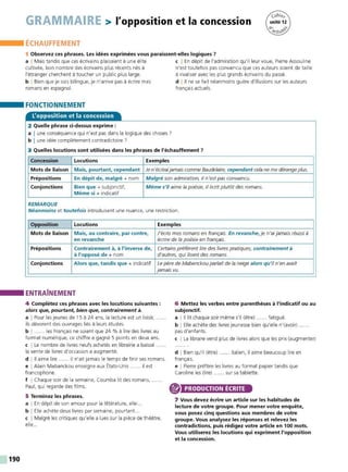 190
GRAMMAIRE > l'opposition et la concession
ÉCHAUFFEMENT
1 Observez ces phrases. Les idées exprimées vous paraissent-elles logiques ?
a I Mais tandis que ces écrivains plaisaient à une élite c I En dépit de l'admiration qu'il leur voue, Pierre Assouline
cultivée, bon nombre des écrivains plus récents nés à n'est toutefois pas convaincu que ces auteurs soient de taille
l'étranger cherchent à toucher un public plus large. à rivaliser avec les plus grands écrivains du passé.
b I Bien que je sois bilingue, je n'arrive pas à écrire mes d I Il ne se fait néanmoins guère d'illusions sur les auteurs
romans en espagnol. français actuels.
FONCTIONNEMENT
L
'opposition et la concession
2 Quelle phrase ci-dessus exprime :
a I une conséquence qui n'est pas dans la logique des choses?
b I une idée complètement contradictoire ?
3 Quelles locutions sont utilisées dans les phrases de l'échauffement ?
Concession Locutions Exemples
Mots de liaison Mais, pourtant, cependant Je n'écrirai jamais comme Baudelaire, cependant cela ne me dérange plus.
Prépositions En dépit de, malgré + nom Malgré son admiration, il n 'est pas convaincu.
Conjonctions Bien que + subjonctif, Même s'il aime la poésie, il écrit plutôt des romans.
Même si + indicatif
REMARQUE
Néanmoins et toutefois introduisent une nuance, une restriction.
Opposition Locutions Exemples
Mots de liaison Mais, au contraire, par contre, J'écris mes romans en français. En revanche, je n'ai jamais réussi à
en revanche écrire de la poésie en français.
Prépositions Contrairement à, à l'inverse de, Certains préfèrent lire des livres pratiques, contrairement à
à l'opposé de + nom d 'autres, qui lisent des romans.
Conjonctions Alors que, tandis que + indicatif Le père de Mabanckou parlait de la neige alors qu'il n'en avait
jamais vu.
ENTRAÎNEMENT
4 Complétez ces phrases avec les locutions suivantes :
alors que, pourtant, bien que, contrairement à.
a I Pour les jeunes de 15 à 24 ans, la lecture est un loisir,
ils dévorent des ouvrages liés à leurs études.
b 1 ...... les Français ne soient que 24 % à lire des livres au
format numérique, ce chiffre a gagné 5 points en deux ans.
c I Le nombre de livres neufs achetés en librairie a baissé ......
la vente de livres d'occasion a augmenté.
d l 11 aime lire ...... il n'ait jamais le temps de finir ses romans.
e I Alain Mabanckou enseigne aux États-Unis ...... il est
francophone.
f I Chaque soir de la semaine, Coumba lit des romans, ......
Paul, qui regarde des films.
5 Terminez les phrases.
a I En dépit de son amour pour la littérature, elle.. .
b I Elle achète deux livres par semaine, pourtant.. .
c I Malgré les critiques qu'elle a lues sur la pièce de théâtre,
elle...
6 Mettez les verbes entre parenthèses à l'indicatif ou au
subjonctif.
a l 11 lit chaque soir même s'il (être) ...... fatigué.
b IElle achète des livres jeunesse bien qu'elle n'(avoir)
pas d'enfants.
c I La libraire vend plus de livres alors que les prix (augmenter)
d IBien qu'il (être) ...... italien, il aime beaucoup lire en
français.
e I Pierre préfère les livres au format papier tandis que
Caroline les (lire) ...... sur sa tablette.
® PRODUCTION ÉCRITE
7 Vous devez écrire un article sur les habitudes de
lecture de votre groupe. Pour mener votre enquête,
vous posez cinq questions aux membres de votre
groupe. Vous analysez les réponses et relevez les
contradictions, puis rédigez votre article en 100 mots.
Vous utiliserez les locutions qui expriment l'opposition
et la concession.
 