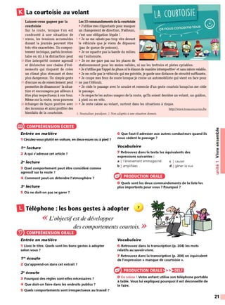 13La courtoisie au volant
Laissez-vous gagner par la Les 10 commandementsdelacourtoisie
courtoisie • J'utilise mes clignotants pour marquer
Sur la route, lorsque l'on est un changement de direction. D'ailleurs,
confronté à une situation de c'est une obligation légale !
5 stress, les tensions accumulées 5 • Je ne me rabats pas trop vite devant
durant la journée peuvent étre le véhicule que je viens de dépasser
très vite exacerbées. Un compor- (pas de queue de poisson).
tementincivique, parfois involon- • Je ne squatte pas la bande du milieu
taire ou dû à la distraction peut sur l'autoroute.
10 être interprété comme agressif 10 • Je ne me gare pas sur les places de
et déclencher une chaîne d'évé- stationnement pour les moins valides, ni sur les trottoirs et pistes cyclables.
nements qui risquent de créer • Je n'utilise pasl'appelde phare ni leklaxonde manièreintempestive2
et sansraison valable.
un climat plus stressant et donc • Je ne colle pas le véhicule qui me précède, je garde une distance de sécurité suffisante.
plus dangereux. Un simple geste • Je coupe mes feux de route lorsque je croise un automobiliste qui vient en face pour
15 d'excuse ou de remerciement peut 15 ne pas l'éblouir.
permettre de désamorcer1 la situa- • Je cède le passage avec le sourire et remercie d'un geste courtois lorsqu'on me cède
tion et encouragera par ailleurs à le passage.
être plus respectueux à son tour. • Je respecte les autres usagers de la route, qu'ils soient derrière un volant, un guidon,
Même sur la route, nous pouvons à pied ou en vélo.
20 échanger de façon positive avec 20 • Je reste calme au volant, surtout dans les situations à risque.
des inconnus et ainsi profiter des http://www.tousconcernes.be
bienfaits de la courtoisie. J. Neutraliser; paralyser. 2. Non adaptée à une situation donnée.
~ COMPRÉHENSION ÉCRITE
Entrée en matière
1 Circulez-vous plutôt en voiture, en deux-roues ou à pied 7
1"' lecture
2 À qui s'adresse cet article 7
2~lecture
3 Quel comportement peut être considéré comme
agressif sur la route 7
4 Comment peut-on détendre l'atmosphère ?
3~lecture
5 Où ne doit-on pas se garer ?
6 Que faut-il adresser aux autres conducteurs quand ils
nous cèdent le passage ?
Vocabulaire
7 Retrouvez dans le texte les équivalents des
expressions suivantes :
a ! l'énervement emmagasiné c I causer
b I amplifiées d I gêner la vue
PRODUCTION ORALE
8 Quels sont les deux commandements de la liste les
plus importants pour vous 7 Pourquoi ?
DTéléphone : les bons gestes à adopter 1
<< L'objectifest de développer
des comportements courtois. >>
COMPRÉHENSION ORALE
Entrée en matière
1 Lisez le titre. Quels sont les bons gestes à adopter
selon vous 7
11'9 écoute
2 Qu'apprend-on dans cet extrait 7
2 ~écoute
3 Pourquoi des règles sont-elles nécessaires 7
4 Que doit-on faire dans les endroits publics ?
5 Quels comportements sont irrespectueux au travail 7
Vocabulaire
6 Retrouvez dans la transcription (p. 204) les mots
relatifs au savoir-vivre.
7 Retrouvez dans la transcription (p. 204) un équivalent
de l'expression« manque de courtoisie ».
PRODUCTION ORALE >>,•)UI
8 En scène ! Votre enfant utilise son téléphone portable
à table. Vous lui expliquez pourquoi il est déconseillé de
le faire.
~
.c
E
CIi
Ill
C:
CIi
CIi
..
.2::
>
....
•CIi
:!::!
C:
::,
21
 