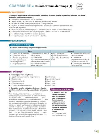 GRAMMAIRE > les indicateurs de temps (1)
ÉCHAUFFEMENT
1 Observez ces phrases et relevez toutes les indications de temps. Quelles expressions indiquent une durée 7
Lesquelles indiquent un moment 7
a I Nous vivons ensemble depuis plus de trente ans.
b I Je parie qu'elle a reçu des coups de téléphone pendant que je dormais.
c I En quelques années, on est passé de l'album à l'image sur écran.
d I La photo de famille avance de façon parallèle à la mutation que connaît la famille entre le début
du xx• siècle et aujourd'hui.
e I On ne sait pas quels formats de photo il y aura dans quelques années au niveau informatique.
f I L'anniversaire des enfants n'était pas photographié à la fin du x1
x• siècle ou au début du xx•.
g I Ça fait trois ans que mon fils me pose des questions.
h j 11 y a quinze jours, il m'a dit qu'il m'aiderait à chercher.
FONCTIONNEMENT
Les indicateurs de temps
2 Associez les éléments (il y a plusieurs possibilités).
Durée Moment
a I Depuis plus de trente ans 1 1 Période avec un début et a j 11 y a quinze jours 1 1moment dans le futur où
b I Ça fait trois ans que une fin définis. b I Dans quelques années l'action se passera
c I Pendant que je dormais 2 1 Durée limitée. c I Au début du ~/À la fin 2 1moment de
d I Entre le début du xX' 3 1 Durée non limitée avec un du x1
X°
siècle et aujourd'hui point de départ dans le passé.
e I En quelques années 4 1 Durée nécessaire pour
réaIiser une action.
ENTRAÎNEMENT
3 Associez pour faire des phrases.
a I Je partirai en vacances chez ma grand-mère
b I Elle est mariée
c I Nous avons attendu
d I J'ai vu mes cousins
e j 11 a fait une centaine de photos
1 1en 1 minute.
21pendant des heures.
3 I il y a 2 jours.
41dans 3 mois.
5 Idepuis 1980.
commencemenVmoment de
l'achèvement d'une action
3 1 moment dans le passé où
l'action a eu lieu
4 Complétez avec les indications de temps : depuis,
pendant, cela fait... que, il y a, au début, à la fin, dans,
en.
PRODUCTION ÉCRITE
Avec ma sœur, nous préparons ...... un moment un
cadeau surprise pour l'anniversaire de notre frère Jérôme,
qui va avoir 18 ans....... exactement six mois ...... nous
économisons pour lui offrir un saut en parapente....... deux
semaines, nous avons pris rendez-vous avec un moniteur
qui nous a expliqué qu'il était très important de garder son
calme ...... le saut Malheureusement, beaucoup de gens
veulent, nous disait-il, ...... quelques minutes ressembler
à des professionnels, et ils ne sont donc pas suffisamment
prudents. Ce ne sera pas le cas de Jérôme. Bien sûr, il aura
peur...... du saut, mais nous sommes sûres qu' ...... de la
journée il sera fier de lui. L'anniversaire de Jérôme est ......
trois jours. Nous serons là pour le filmer !
5 Prenez la place de
Jérôme. Vous avez
reçu en cadeau un
saut en parapente.
Racontez votre
expérience sur un
forum d'amateurs
de sensations fortes.
Utilisez le maximum
d'indicateurs de
temps.
« Il y a trois ans, pour
mon anniversaire... »
Ill
~
....
<O
C:
Ill
QI
"C
....
·~
0
tn
QI
...1
N
• QI
-
~
C:
~
35
 