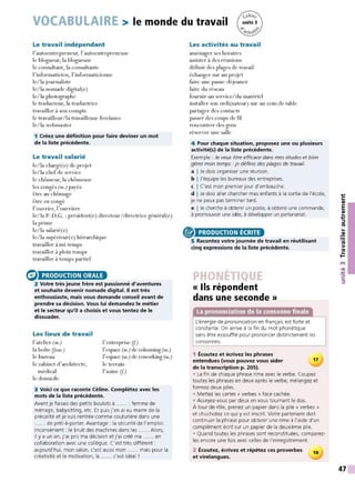 VOCABULAIRE > le monde du travail
Le travail indépendant
I'autoentrepreneur, I'autoentrepreneuse
le blogueur, la blogueuse
le consultant, la consultante
l'informaticien, l' informaticienne
le/la journaliste
le/la nomade digital(e)
le/la photographe
le traducteur, la traductrice
travailler à son compte
le travailleur/la travailleuse freelance
le/la webmaster
1 Créez une définition pour faire deviner un mot
de la liste précédente.
Le travail salarié
le/la chargé(e) de projet
le/la chefde service
le chômeur, la chômeuse
les congés (m.) payés
être au chômage
être en congé
l'ouvrier, l'ouvrière
le/la P.-D.G.: président(e) directeur/directrice général(e)
la prime
le/la salarié(e)
le/la supérieur(e) hiérarchique
travailler à mi-temps
travailler à plein temps
travailler à temps partiel
e PRODUCTION ORALE
2 Votre très jeune frère est passionné d'aventures
et souhaite devenir nomade digital. Il est très
enthousiaste, mais vous demande conseil avant de
prendre sa décision. Vous lui demandez le métier
et le secteur qu'il a choisis et vous tentez de le
dissuader.
Les lieux de travail
l'atelier (m.)
la boîte (Jam.)
le bureau
le cabinet d'architecte,
médical
le domicile
l'entreprise (f)
l'espace (m.) de cohoming (m.)
l'espace (m.) de coworking (m.)
le terrain
l' usine (f)
3 Voici ce que raconte Céline. Complétez avec les
mots de la liste précédente.
Avant je faisais des petits boulot s à ...... : femme de
ménage, babysitting, etc. Et puis j'en ai eu marre de la
précarité et je suis rentrée comme couturière dans une
...... de prêt-à-porter. Avantage : la sécurité de l'emploi.
Inconvénient : le bruit des machines dans les ...... Alors,
il y a un an, j'ai pris ma décision et j'ai créé ma ...... en
collaboration avec une collègue. C'est t rès différent :
aujourd'hui, mon salon, c'est aussi mon ...... mais pour la
créativité et la motivation, le ...... c'est idéal !
Les activités au travail
aménager ses horaires
assister à des réunions
définir des plages de travail
échanger sur un projet
faire une pause-déjeuner
faire du réseau
fournir un service/du matériel
installer son ordi(nateur) sur un coin de table
partager des contacts
passer des coups de fil
rencontrer des gens
réser ver une salle
4 Pour chaque situation, proposez une ou plusieurs
activité(s) de la liste précédente.
Exemple : Je veux être efficace dans mes études et bien
gérer mon temps : je définis des plages de travail.
a I Je dois organiser une réunion.
b I J'équipe les bureaux des entreprises.
c I C'est mon premier jour d'embauche.
d I Je dois aller chercher mes enfants à la sortie de l'école,
je ne peux pas terminer tard.
e I Je cherche à obtenir un poste, à obtenir une commande,
à promouvoir une idée, à développer un partenariat.
® PRODUCTION ÉCRITE
5 Racontez votre journée de travail en réutilisant
cinq expressions de la liste précédente.
E
« Ils répondent
dans une seconde»
L'énergie de prononciation en français est forte et
constante. On arrive à la fin du mot phonétique
sans être essoufflé pour prononcer distinct ement les
consonnes.
1 Écoutez et écrivez les phrases
entendues (vous pouvez vous aider 17
de la transcription p. 205).
• La fin de chaque phrase rime avec le verbe. Coupez
toutes les phrases en deux après le verbe, mélangez et
formez deux piles.
• Mettez les cartes« verbes» face cachée.
• Asseyez-vous par deux en vous tournant le dos.
À tour de rôle, prenez un papier dans la pile « verbes »
et chuchotez ce qui y est inscrit. Votre partenaire doit
continuer la phrase pour obtenir une rime à l'aide d'un
complément écrit sur un papier de la deuxième pile.
• Quand toutes les phrases sont reconstituées, comparez-
les encore une fois avec celles de l'enregistrement.
2 Écoutez, écrivez et répétez ces proverbes
et virelangues.
18
...,
C:
QI
E
QI
...
...,
::::,
ltS
...
~
ltS
>
~
t't
•QI
.'t:
C:
::::,
47
 