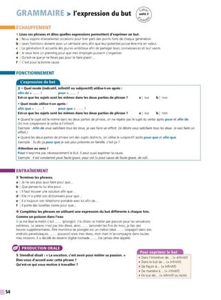 54
GRAMMAIRE > l'expression du but
ÉCHAUFFEMENT
1 Lisez ces phrases et dites quelles expressions permettent d'exprimer un but.
a I Nous voyons d'excellentes occasions pour tirer parti des points forts de chaque génération.
b I Leurs fonctions doivent avoir un véritable sens afin que leur potentiel puisse être mis en valeur.
c I La génération X accueille des jeunes ambitieux afin de partager leurs connaissances et leur savoir.
d I Je veux faire un planning pour que mes employés puissent s'organiser.
e I Qu'est-ce que je ne ferais pas pour te faire plaisir...
f I C'est pour la bonne cause.
FONCTIONNEMENT
L
'expression du but
2 • Quel mode (indicatif, infinitif ou subjonctif) utilise-t-on après :
afin de + . ? pour + ...... ?
Est-ce que les sujets sont les mêmes dans les deux parties de phrase ? a I oui hl non
• Quel mode utilise-t-on après :
afin que + ...... ? pour que + ...... ?
Est-ce que les sujets sont les mêmes dans les deux parties de phrase ? a I oui hl non
• Quand le sujet est le même dans les deux parties de phrase, on ne répète pas le sujet du verbe après pour et afin de.
On met simplement le verbe à l'infinitif.
Exemple : Afin de vous satisfaire tous les deux, j e vais faire un effort. (Je désire vous satisfaire tous les deux. Je vais faire un
effort.)
• Quand les deux parties de phrase ont des sujets distincts, on utilise le subjonctif après pour que et afin que.
Exemple : Tu dis ça pour que je sois plus présente en famille, c'est ça ?
Attention au sens !
Pour n'exprime pas nécessairement le but. Il peut aussi exprimer la cause.
Exemple : // est condamné pour faute grave, pour vol(= pour cause de faute grave, de vol).
ENTRAÎNEMENT
3 Terminez les phrases.
a I Je ne sais plus quoi faire pour que...
b I Que penses-tu lui dire pour...
c l 11 faut trouver une solution afin que..
d I Elle m'a prêté son dictionnaire pour que...
e l 11 a toujours son téléphone portable avec lui afin de...
f l 11 porte des lunettes noires pour que...
4 Complétez les phrases en utilisant une expression du but différente à chaque fois.
Comme un poisson dans l'eau
Si je me lève le matin c'est ...... (plonger). J'ai choisi ce métier par passion pour les sensations
extrêmes. Le salaire n'est pas très élevé, alors ...... (arrondir) les fins de mois, je fais des
heures supplémentaires. Être monitrice de plongée est un métier idéal ...... (voyager) dans des
endroits paradisiaques....... (pouvoir) vivre mes rêves, mon mari m'accompagne dans toutes
mes missions. Il a décidé de devenir digital nomade ...... (ne jamais être séparé).
PRODUCTION ORALE
5 Stendhal disait : « La vocation, c'est avoir pour métier sa passion. »
Êtes-vous d'accord avec cette phrase?
Qu'est-ce qui vous motive à travailler ?
• Dans l'intention de... (+ infinitif)
• Dans le but de... (+ infinitif)
• De façon à... (+ infinitif)
• De manière à... (+ infinitif)
• En vue de... (+ infinitif ou nom)
 