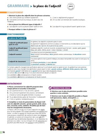 70
GRAMMAIRE > la place de l'adjectif
ÉCHAUFFEMENT
1 Observez la place des adjectifs dans les phrases suivantes.
a I Des clients pressés qui achètent rapidement. c I C'est un déploiement progressif.
b I Une petite commune touristique, en plein cœur de
l'Ardèche.
d I On va créer une trentaine de nouvelles boutiques.
2 Où se placent les différents types d'adjectifs 7
a I Les adjectifs courts se placent avant/ après le nom. b I Les adjectifs longs se placent avant I après le nom.
3 Pourquoi utiliser de dans la phrase d 7
FONCTIONNEMENT
La place de l'adjectif
En général, les adjectifs se placent après le nom.
L'adjectif qualificatif placé
après le nom
Ils expriment l'objectivité comme la couleur, la nationalité ou une description qui ne
dépend pas de l'opinion de la personne qui parle.
L'adjectif qualificatif placé Quelques adjectifs, courts et courants, se placent avant le nom : ancien, petit, grand,
avant le nom beau, joli, autre, même, jeune * vieux, nouveau * ancien
Il se place toujours en première position.
L'adjectif numéral Deux centres commerciaux, deux grands centres commerciaux, le deuxième centre
commercial
Il se place après le nom quand il indique une valeur temporelle mais avant le nom pour les
L'adjectif de classement
séries.
La semaine prochaine, le mois dernier
Le prochain candidat, le dernier bus
• Certains adjectifs changent de signification selon qu'ils sont placés avant ou après le nom. Ils gardent leur sens premier
après le nom, mais changent de signification placés avant le nom : grand, curieux, différent, drôle, pauvre, cher, seul.
Un homme grand (1,90 mètre) et un grand homme (qui a fait de grandes choses)
• L'article des devient de lorsqu'il est placé directement devant un adjectif.
La candidate a des connaissances en haute couture.
La candidate a de bonnes connaissances en haute couture.
ENTRAÎNEMENT
4 Placez correctement les adjectifs proposés dans
chaque phrase et accordez si nécessaire :
a I Un supermarché est un lieu de vente. (grand)
b I On y vend principalement des produits. (alimentaire)
c l 11 existe un service de garde d'enfant. (nouveau)
d I Tu as déjà entendu parler de l'économie ? (collaboratif)
e I C'est un système. (solidaire/nouveau)
5 Complétez ce texte de présentation du Repair Café
avec les adjectifs suivants : grand, gratuit, petit, vieux,
bon, convivial, autre, solidaire. N'oubliez pas de faire
tous les changements nécessaires.
Le Repair Café est un lieu où on peut rapporter ses objets
pour les faire réparer. Vous payez seulement une ~ pour
entrer : en effet ce service ne cherche pas à faire des profits
mais propose uniquement de mettre en valeur des initiatives.
En général, ce service est à disposition dans une salle afin
d'accueillir tous les bénévoles-réparateurs. Si un réparateur ne
peut pas vous aider, il va vous envoyer vers des personnes qui
pourront peut-être trouver une solution à votre problème.
PRODUCTION ORALE
6 Décrivez avec le plus de précisions possible votre
quartier à votre voisin(e).
7 Décrivez avec le plus d'adjectifs possible ce Repair
Café (personnes, objets, atmosphère...).
1 et# 1
 
