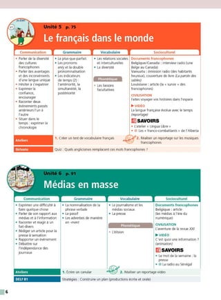6
Communication
• Parler de la diversité
des cultures
francophones
• Parler des avantages
et des inconvénients
d'une langue unique
• Hésiter à s'expatrier
• E
xprimer la
confiance,
encourager
• Raconter deux
événements passés
antérieurs l'un à
l'autre
• Situer dans le
temps : exprimer la
chronologie
Grammaire
• Le plus-que-parfait
• Les pronoms
en/y et la double
pronominaIisation
• Les indicateurs
de temps (2) :
l'antériorité, la
simultanéité, la
postériorité
Vocabulaire
• Les relations sociales
et interculturelles
• La diversité
Phonétique
• Les liaisons
facultatives
Socioculturel
Documents francophones
Belgique/Canada: interview radio (une
Belge au Canada)
Vanuatu : émission radio (des habitants
heureux), couverture de livre (La parole des
sables)
Louisiane : article (la « survie » des
francophones)
CIVILISATION
F
aites voyager vos histoires dans l'espace
• VIDÉO
La langue française évolue avec le temps
(reportage)
lfflSAVOIRS
• L'atelier « Lingua Libre »
• @ Les « franco-combattants » de !'Alberta
Ateliers
1. Créer un test de vocabulaire français ~._-#'2. Réaliser un reportage sur les musiques
ATE.I"
francophones
Détente Quiz : Quels anglicismes remplacent ces mots francophones ?
Médias en masse
Communication
• E
xprimer une difficulté à
faire quelque chose
• Parler de son rapport aux
médias et à l'information
• Raconter et réagir à un
fait-divers
• Rédiger un article pour la
presse à sensation
• Rapporter un événement
• Débattre sur
l'indépendance des
journaux
Ateliers
DELFB1
Grammaire
• La nominalisation de la
phrase verbale
• Le passif
• Les adverbes de manière
en -ment
1. Écrire un canular
Vocabulaire
• Le journalisme et les
médias sociaux
• La presse
Phonétique
• L'élision
Socioculturel
Documents francophones
Belgique : article
(les médias à l'ère du
numérique)
CIVILISATION
L'aventure de la revue XXI
• VIDÉO
C'est quoi une information ?
(animation)
lfflSAVOIRS
• Le mot de la semaine : la
presse
• • @ La radio au Sénégal
"'~ 2. R
éaliser un reportage vidéo
Stratégies : Construire un plan (productionsécrite et orale)
 
