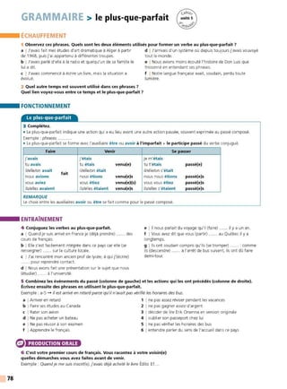 78
GRAMMAIRE > le plus-que-parfait
ÉCHAUFFEMENT
1 Observez ces phrases. Quels sont les deux éléments utilisés pour former un verbe au plus-que-parfait ?
a I J'avais fait mes études d'art dramatique à Alger à partir d I J'arrivais d'un système où depuis toujours j'avais vouvoyé
de 1968, puis j'ai appartenu à différentes troupes. tout le monde.
b I J'avais parlé d'elle à la radio et quelqu'un de sa famille le e I Nous avions moins écouté l'histoire de Don Luis que
lui a dit. frissonné en entendant ses phrases.
c I J'avais commencé à écrire un livre, mais la situation a f I Notre langue française avait, soudain, perdu toute
évolué. lumière.
2 Quel autre temps est souvent utilisé dans ces phrases 7
Quel lien voyez-vous entre ce temps et le plus-que-parfait ?
FONCTIONNEMENT
Le plus-que-parfait
3 Complétez.
• Le plus-que-parfait indique une action qui a eu lieu avant une autre action passée, souvent exprimée au passé composé.
Exemple : phrases ..........
• Le plus-que-parfait se forme avec l'auxiliaire être ou avoir à l'imparfait+ le participe passé du verbe conjugué.
Faire Venir Se passer
j'avais j'étais je m'étais
tu avais tu étais venu(e) tu t'étais passé(e)
il/elle/on avait
fait
il/elle/on était il/elle/on s'était
nous avions nous étions venu{e)s nous nous étions passé(e)s
vous aviez vous étiez venu{e)(s) vous vous étiez passé(e)s
ils/elles avaient ils/elles étaient venu{e)s ils/elles s'étaient passé(e)s
REMARQUE
Le choix entre les auxiliaires avoir ou être se fait comme pour le passé composé.
ENTRAÎNEMENT
4 Conjuguez les verbes au plus-que-parfait. e l 11 nous parlait du voyage qu'il (faire) ...... il y a un an.
a I Quand je suis arrivé en France je (déjà prendre) . des f I Vous avez dit que vous (partir) ...... au Québec il y a
cours de français. longtemps.
b I Elle s'est facilement intégrée dans ce pays car elle (se g !Ils ont soudain compris qu'ils (se tromper) ...... : comme
renseigner) ...... sur la culture locale. ils (descendre) ...... à l'arrêt de bus suivant, ils ont da faire
c I J'ai rencontré mon ancien prof de lycée, à qui j'(écrire) demi-tour.
... pour reprendre contact.
d I Nous avons fait une présentation sur le sujet que nous
(étudier) ...... à l'université.
5 Combinez les événements du passé {colonne de gauche) et les actions qui les ont précédés {colonne de droite).
Écrivez ensuite des phrases en utilisant le plus-que-parfait.
Exemple : a-5 - Il est arrivé en retard parce qu'il n'avait pas vérifié les horaires des bus.
a I Arriver en retard
b I Faire ses études au Canada
c I Rater son avion
d I Ne pas acheter un bateau
e I Ne pas réussir à son examen
f I Apprendre le français
PRODUCTION ORALE
1 1 ne pas assez réviser pendant les vacances
2 1ne pas gagner assez d'argent
3 1décider de lire Erik Orsenna en version originale
4 1oublier son passeport chez lui
5 1 ne pas vérifier les horaires des bus
6 1 entendre parler du sens de l'accueil dans ce pays
6 C'est votre premier cours de français. Vous racontez à votre voisin{e)
quelles démarches vous avez faites avant de venir.
Exemple : Quand je me suis inscrit(e), j'avais déjà acheté le livre Édito B1 .
 