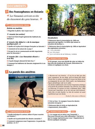 80
DOCUMENTS
liJDes francophones en Océanie
<< Les Vanua,tais arrivent en tête
du classement des gens heureux. >>
COMPRÉHENSION ORALE
Entrée en matière
1 Regardez la photo. Que voyez-vous ?
1'" écoute (en entier)
2 Quel est l'état d'esprit général des habitants du
Vanuatu?
2" écoute (du début à « de la musique
quelque part. »)
3 Quelle est la place de la langue française au Vanuatu ?
4 Comment est la nature de ce pays ?
5 En quoi la vie en communauté est-elle importante
pour les Vanuatais ?
3" écoute (de « Les Vanuatais disent»
à la fin)
6 À quels dangers doivent-ils faire face ?
7 Comment les habitants du Vanuatu réagissent-ils à ces
dangers?
DLa parole des ancêtres
COMPRÉHENSION ÉCRITE
1 Quelle technique le conteur utilise-t-il pour raconter
son histoire ?
2 Quelle est la particularité des dessins vanuatais 7
3 Comment comprenez-vous l'expression« la parole des
ancêtres » (1. 7) 7
Vocabulaire
8 Retrouvez dans la transcription (p. 209) une
expression qui signifie « le chiffre qui mesure la
sensation du bonheur ».
9 Retrouvez dans la transcription (p. 209) un équivalent
des expressions suivantes :
a I riche, abondant
b I pur, très propre
c I qui a conscience de ses faiblesses, modeste
PRODUCTION ORALE
10 En groupe, vous avez décidé de créer un indice du
bien-être des étudiants de français. Déterminez les
critères et expliquez vos choix.
« Raconte-moi une histoire. » Il ne lui en faut pas plus
pour commencer. De son doigt, qu'il ne lèvera plus avant
d'avoir fini, le conteur commence à creuser des lignes en les
accompagnant de son récit. Petit à petit, une harmonieuse
s figure géométrique naît sur le sable.
Ces dessins traditionnels sont à la fois l'expression artistique
et la parole des ancêtres vanuatais. Sur cette île, j'en ai déjà
vu beaucoup. Et surtout on m'en a tellement parlé ! Mais
j'avoue que, jusqu'alors, je ne m'y suis pas trop intéressé.
10 Cette fois, je reste fasciné. La voix du conteur est aussi
mystérieuse que son dessin.
Nicolas H., Mon séjour en Mélanésie
4 Vrai ou faux : le voyageur trouve les dessins
vanuatais ennuyeux ?
5 Retrouvez dans le texte un équivalent de
« impressionné, émerveillé ».
PRODUCTION ORALE >>)•1U:1
6 « Le voyage est un retour vers l'essentiel. »
Êtes-vous d'accord avec cette affirmation? Qu'est-ce
que le voyage représente pour vous ? Argumentez et
donnez quelques exemples.
 