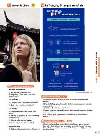 DRetour de Chine 34
COMPRÉHENSION ORALE
Entrée en matière
1 Que pensez-vous des séjours
linguistiques ? Avez-vous vécu cette
expérience ?
1"' écoute
2 Pourquoi Aline est-elle partie en Chine ?
3 Qu'a-t-elle pensé de son séjour?
2 ~écoute
4 Comment Aline a-t-elle trouvé son
poste?
5 A-t-elle accepté tout de suite ? Justifiez
votre réponse.
6 Aline a-t-elle peur de voyager ?
7 Comment a-t-elle été accueillie ?
Vocabulaire
8 Expliquez l'expression « travailler dur ».
IlLe français, se langue mondiale
e
LE FRANCAIS,
1 1 5tANGUE MONDIALE
NOMBRE DE PRAnQUANTS / LOCUTEURS
274 MILLION S DE PRATIQUANTS DANS LE MONDE
le français est la seule langue avec l'anglais
a être parlée sur tous les cont1nen1s
De 2010 a 2014, le nombrede francophones a augmente de 7 %
C'est en Afnquo subsahar10nno
que le français progresse le plus
dans des pays ou elle n'est pas ta langue
prcm1crc mais ou elle s'impose comme
langue d'enseignement
p.~r m:mnple le Bwk,ni!. raso. IP. ~OOQil~
lt> Giltx:ITT. if! Conno. le Renin el le le Hurun<111
ENSEIGNEMENT
2··langue
apprise comme
langue etrangere
apres l'anglais
Et ce sur les 5 continents,
dans presque tous les pays
du monde
cfeleves en Afnque du Nord
et au Moyen-Orient
notamment ulihsé ÇK)ur enseigner
des mat1ercs sc1ent1hques:
Fn Furope, malgré un floch1sse
ment. le français reste sur
le podium des langues apprises
en Irlande el au Royaume-Uni
www.diplomatie.gouv.fr, 2017
COMPRÉHENSION ÉCRITE
1 Quelle est la place du français dans le monde ? Justifiez votre
réponse.
2 D'après l'infographie, le nombre de francophones dans le monde a
augmenté de :
a 1 30 % ? b 1 7 % ? c 1 15 % ?
3 Vrai ou faux : en Grande-Bretagne, les cours de français ne sont pas
populaires ?
4 En Afrique, quel type de cours est donné le plus souvent en
français?
PRODUCTION ORALE >>)•)4!11
5 Un(e) étudiant(e) qui apprend une autre langue que le français
dans votre école affirme que le français est inutile. Vous n'êtes pas
d'accord et vous en discutez avec lui/elle. Votre voisin(e) joue le rôle
de l'étudiant(e).
QI
'l:J
C:
0
E
QI
Ill
C:
ttJ
'l:J
.!!!
e.
C:
ttJ
...
....
QI
~
Ln
•QI
-
~
C:
:::,
85
 
