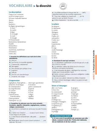 VOCABULAIRE > la diversité
La description
l'aspect (m.) extérieur
avoir les tempes grises
la bonne/mauvaise humeur
décrire
dur(e)
fasciné(e)
les figures géométriques
le carré
la courbe
la ligne
le rectangle
le rond
le triangle
le frémissement
harmonieux, harmonieuse
humble
immaculé(e)
luxuriant(e)
mystérieux, mystérieuse
ravissant(e)
traiter (de)
1 Associez les définitions aux mots de la liste
précédente.
a I très pur
b I qui forme un ensemble agréable
c I charmant(e), séduisant(e)
d I être âgé(e)
e I être attiré(e) par quelque chose
f I vraiment
g I difficile
h I donner une caractéristique
i I modeste, très simple
L'expression
anglophone, francophone...
la barrière de la langue
la communication
la compréhension
le conteur
le dialogue
l'interlocuteur,
l'interlocutrice
l'interprétation
l'interprète (m./j)
interroger, questionner
le locuteur
parler cow·amment
la parole
le poète
le récit
rédiger
signifier
traduire
2 Complétez les phrases avec les mots suivants :
locuteurs, signifie, interprète, anglophones, conteur,
rédiger, couramment.
a I Les enfants se tenaient en cercle pour écouter l'histoire
du ......
b I J'adore mon travail d' ...... : je passe tout le temps
d'une langue à une autre.
c I Cette fille est extraordinaire : elle parle ...... plusieurs
langues.
d I Notre devoir pour le cours suivant consiste à ...... une
lettre de 150 mots.
e I Je préfère pratiquer la langue avec les ...... natifs,
j'apprends beaucoup de nouvelles expressions.
f I Tous mes collègues au travail sont ......, je n'ai
personne avec qui parler français.
g I Drôle d'expression ! Qu'est-ce qu'elle ...... ?
La place
la catégorie
le classement
le critère
distinguer
s'imposer
l' indice (f)
ordonné(e)
l' ordre (m.)
organiser
le patrimoine
placer
le rang
rendre hommage
retenir
la sélection
la série
la valeur
3 Choisissez le mot qui convient.
a I Le classementI patrimoine culturel français est un des
plus riches au monde.
b I La sélection I valeur des textes pour le concours
d'écriture commence maintenant.
c l 11 est nécessaire de placer/distinguer les coutumes
locales pour ne pas paraître impoli.
d I Notre concours poétique a plusieurs catégories/ ordres
d'âge de participants.
e I Je vais vous placer/donner les critères d'examen.
f I Nous rendons hommage/ valeur à ce grand écrivain
francophone.
Vivre à l'étranger
aller vers l'autre
le bien-être
la communauté
le comportement
la différence
durable
l'échange (m.)
l'étranger, l'étrangère
l'expérience (f)
l'expulsion (j.)
idéal(e)
l'immigration (j.)
le préjugé
® PRODUCTION ÉCRITE
le progrès
la protection
protéger
réciproque
la relation
la relève
la rencontre
respecter
la responsabilité
solidaire
le statut
l'utopie (j.)
4 Si vous aviez la possibilité de construire une ville
idéale, comment serait-elle 7 Parlez des habitudes
de ses habitants et de leur culture.
QI
'l:J
C:
0
E
QI
Ill
C:
ltl
'l:J
.!!!
e.
C:
ltl
...
....
QI
~
Ln
•QI
-
~
C:
:::,
87
 
