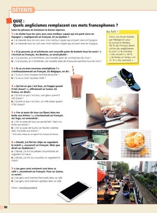 90
QUIZ:
Quels anglicismes remplacent ces mots francophones ?
Lisez les phrases et choisissez la bonne réponse.
1 « Je chatte tous les soirs avec mon meilleur copain qui est parti vivre en
Espagne», expliquerait un Français. Et au Québec 7
a I Je clavarde tous les soirs avec mon meilleur copain qui est parti vivre en Espagne.
b I Je clavierde tous les soirs avec mon meilleur copain qui est parti vivre en Espagne.
2 « Si je pouvais, je m'achèterais une nouvelle paire de baskets tous les mois ! »
s'écrirait un Français. Au Burkina, ce serait plutôt :
a I Si je pouvais, je m'achèterais une nouvelle paire de running tous les mois !
b I Si je pouvais, je m'achèterais une nouvelle paire de chaussures sportives tous les mois !
3 « Tu as vu mon nouveau smartphone 7 »
s'enthousiasmerait un Français. En Belgique, on dit :
a I Tu as vu mon nouveau terminal de poche ?
b I Tu as vu mon nouveau GSM ,
4 « Qu'est-ce que c'est bon, un frappé quand
il fait chaud ! », affirmerait un Suisse. En
France, on dirait :
a I Qu'est-ce que c'est bon, une glace quand il
fait chaud 1
b I Qu'est-ce que c'est bon, un milk-shake quand
il fait chaud !
5 « J'en ai assez de tous ces flyers dans ma
boîte aux lettres ! », s'exclamerait un Français.
Au Togo, on entendrait :
a I J'en ai assez de tous ces pamphlets* dans ma
boîte aux lettres !
b I J'en ai assez de t outes ces feuilles volantes
dans ma boîte aux lettres !
*Petit texte critique au ton agressif (en français de France).
6 « Désolé, j'ai fini les chips en regardant
le match», avouerait un Français. Mais que
dirait un Québécois 7
a I Désolé, j'ai fini les pétales croustillantes en
regardant le match.
b I Désolé, j'ai fini les croustilles en regardant le
match.
7 « Les gens sont vraiment cool dans ce
café », raconterait un Français. Pour un Suisse,
ce serait :
a I Les gens sont vraiment bonnards dans ce café.
b I Les gens sont vraiment agrébels dans ce café.
Source: www.francetvinfo.fr
,
•
•
Au fait!
Selon une étude réalisée
par Mediaprism pour
le journal Le Parisien,
90 % des Français disent
utiliser des anglicismes.
Ils sont 12 % à le faire
« très souvent », 48 %
« de temps en temps » et
31 % « très rarement ».
 