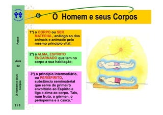 ITORA
    ED




UT

                     A
                                      O Homem e seus Corpos
A




  A D E S OU Z




                         1ª) o CORPO ou SER
                             MATERIAL,
                             MATERIAL análogo ao dos
      Passe




                             animais e animado pelo
                             mesmo princípio vital;


                         2ª) a ALMA ESPÍRITO
                               ALMA,
                             ENCARNADO que tem no
    Aula                     corpo a sua habitação;
      02


                         3ª) o princípio intermediário,
    O Homem e seus




                            ou PERISPÍRITO
                                PERISPÍRITO,
                            substância semimaterial
        Corpos




                            que serve de primeiro
                            envoltório ao Espírito e
                            liga a alma ao corpo. Tais,
                            num fruto, o gérmen, o
                            perisperma e a casca.”
    2/8
 