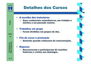 ITORA
    ED


                                Detalhes dos Cursos
UT

                       A
A




  A D E S OU Z




                           • A escolha dos instrutores
                              – Suas credenciais estendiam-se, em virtudes e
       Passe




                                méritos a um passado remoto.


                           • Trabalhos em grupo
                              – Foram divididos em grupos de dez.
    Aula
       14
                           • Fim do curso e promoção
                              – Somente quando voltassem da reencarnação.
    Plano Espiritual
     Os Cursos no




                           • Repouso
                              – Descansavam e participavam de reuniões
                                fraternas e visitas aos domingos.


     3/7
 
