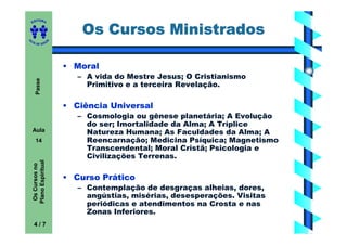 ITORA
    ED


                               Os Cursos Ministrados
UT

                       A
A




  A D E S OU Z




                           • Moral
                              – A vida do Mestre Jesus; O Cristianismo
       Passe




                                Primitivo e a terceira Revelação.

                           • Ciência Universal
                              – Cosmologia ou gênese planetária; A Evolução
                                do ser; Imortalidade da Alma; A Tríplice
    Aula                        Natureza Humana; As Faculdades da Alma; A
       14                       Reencarnação; Medicina Psíquica; Magnetismo
                                Transcendental; Moral Cristã; Psicologia e
                                Civilizações Terrenas.
    Plano Espiritual
     Os Cursos no




                           • Curso Prático
                              – Contemplação de desgraças alheias, dores,
                                angústias, misérias, desesperações. Visitas
                                periódicas e atendimentos na Crosta e nas
                                Zonas Inferiores.
     4/7
 
