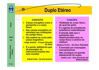ITORA
    ED




UT

                     A
                                                 Duplo Etéreo
A




  A D E S OU Z




                                 CONCEITO                                 FUNÇÕES
                          Campo energético entre o            • Vitalidade do corpo físico,
      Passe




                          perispírito e o corpo                  do qual faz parte.
                          físico.                             • É o agente do ectoplasma,
                          Seu campo energético se                substância materializante
                          entrelaça nas irradiações           • É através dele que o
                          do campo físico.                       perispírito dos
    Aula                  Isto explica as curas pelo             desencarnados atua no
      02                  passe magnético.                       corpo físico e cérebro do
                         Jorge Andréa – Forças Sexuais           médium.
                                               da Alma         Antônio Freire – Da Alma Humana
    O Homem e seus




                          É a ponte, plataforma que           • É formado por emanações
                          dá passagem às
        Corpos




                                                                 neuropsíquicas.
                          intercomunicações dos
                                                              • Não consegue um grande
                          dois mundos
                                                                 afastamento do corpo.
                                                                  André Luiz – Nos Domínios da
                           Antônio Freire – Da alma Humana.                       Mediunidade.

    7/8
 