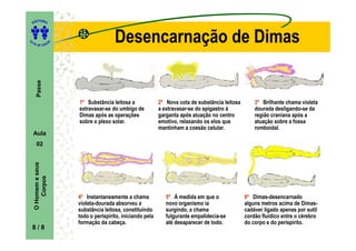 ITORA
    ED




UT

                     A
                                         Desencarnação de Dimas
A




  A D E S OU Z
      Passe




                         1º Substância leitosa a              2º Nova cota de substância leitosa       3º Brilhante chama violeta
                         extravasar-se do umbigo de           a extravasar-se do epigastro à           dourada desligando-se da
                         Dimas após as operações              garganta após atuação no centro          região craniana após a
                         sobre o plexo solar.                 emotivo, relaxando os elos que           atuação sobre a fossa
                                                              mantinham a coesão celular.              romboidal.
    Aula
      02
    O Homem e seus
        Corpos




                         4º Instantaneamente a chama             5º À medida em que o              6º Dimas-desencarnado
                         violeta-dourada absorveu a              novo organismo ia                 alguns metros acima de Dimas-
                         substância leitosa, constituindo        surgindo, a chama                 cadáver ligado apenas por sutil
                         todo o perispírito, iniciando pela      fulgurante empalidecia-se         cordão fluídico entre o cérebro
                         formação da cabeça.                     até desaparecer de todo.          do corpo e do perispírito.
    8/8
 