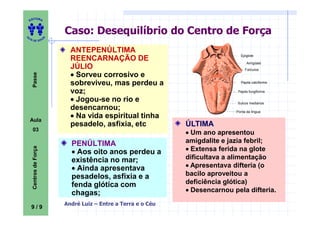 ITORA
    ED




UT
                            Caso: Desequilíbrio do Centro de Força
                        A
A




  A D E S OU Z



                              ANTEPENÚLTIMA
                                                                                  Epiglote
                              REENCARNAÇÃO DE                                         Amígdala
                              JÚLIO                                                  Folículos
                              • Sorveu corrosivo e
     Passe




                              sobreviveu, mas perdeu a                            Papila calciforme

                              voz;                                               Papila fungiforme

                              • Jogou-se no rio e                                Sulcos medianos
                              desencarnou;
                              • Na vida espiritual tinha
                                                                                Ponta da língua

    Aula
                              pesadelo, asfixia, etc             ÚLTIMA
     03
                                                                 • Um ano apresentou
                              PENÚLTIMA                          amigdalite e jazia febril;
                                                                 • Extensa ferida na glote
     Centros de Força




                              • Aos oito anos perdeu a
                              existência no mar;                 dificultava a alimentação
                              • Ainda apresentava                • Apresentava difteria (o
                              pesadelos, asfixia e a             bacilo aproveitou a
                              fenda glótica com                  deficiência glótica)
                              chagas;                            • Desencarnou pela difteria.
                            André Luiz – Entre a Terra e o Céu
    9/9
 