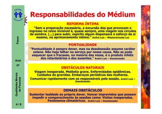 ITORA
    ED




UT
                            Responsabilidades do Médium
                        A
A




  A D E S OU Z


                                                    REFORMA ÍNTIMA
                               “Sem a preparação necessária, a excursão dos que provocam o
                            ingresso no reino invisível é, quase sempre, uma viagem nos círculos
                             de sombra. (...) para subir, espírito algum dispensará o esforço de si
                                 mesmo, no aprimoramento íntimo.” André Luiz – Missionáriosda Luz
       Passe




                                                      PONTUALIDADE
                            “Pontualidade é sempre dever, mas na desobsessão assume caráter
                              solene. Não haja falhar no serviço por nossa causa. Não se pode
                             esquecer que o fracasso, na maioria das vezes, é o produto infeliz
                                   dos retardatários e dos ausentes.” André Luiz – Desobsessão
    Aula
       07
                                                 OBSTÁCULOS NATURAIS
                              Viagem inesperada. Moléstia grave. Enfermidades epidêmicas.
    Qualidades Morais




                                Cuidados da gravidez. Embaraços periódicos das mulheres.
      do Passista




                            Comunicar rapidamente com os responsáveis pela sessão. André Luiz –
                                                          Desobsessão



                                                  DEMAIS OBSTÁCULOS
                            Sustentar lealdade ao próprio dever. Vencer imprevistos que possam
                             impedir o comparecimento às sessões como: Visitas inesperadas.
                                        Fenômenos climatéricos. André Luiz – Desobsessão
     4
     4/8
 
