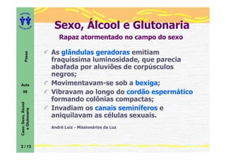 ITORA
    ED




UT

                         A
                              Sexo, Álcool e Glutonaria
A




  A D E S OU Z




                                Rapaz atormentado no campo do sexo

                             As glândulas geradoras emitiam
           Passe




                             fraquíssima luminosidade, que parecia
                             abafada por aluviões de corpúsculos
                             negros;
    Aula                     Movimentavam-se sob a bexiga;
       08                    Vibravam ao longo do cordão espermático
                             formando colônias compactas;
    Caso: Sexo, Álcool




                             Invadiam os canais seminíferos e
       e Glutonaria




                             aniquilavam as células sexuais.
                             André Luiz - Missionários da Luz



    2 / 13
 