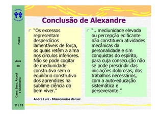 ITORA
    ED




UT

                         A        Conclusão de Alexandre
A




  A D E S OU Z




                             “Os excessos                       “...mediunidade elevada
                             representam                        ou percepção edificante
           Passe




                             desperdícios                       não constituem atividades
                             lamentáveis de força,              mecânicas da
                             os quais retêm a alma              personalidade e sim
                             nos círculos inferiores.           conquistas do espírito,
    Aula                     Não se pode cogitar                para cuja consecução não
       08                    de mediunidade                     se pode prescindir das
                             construtiva sem o                  iniciações dolorosas, dos
    Caso: Sexo, Álcool




                             equilíbrio construtivo             trabalhos necessários,
       e Glutonaria




                             dos aprendizes na                  com a auto-educação
                             sublime ciência do                 sistemática e
                             bem viver.”                        perseverante.”
                             André Luiz - Missionários da Luz

11 / 13
 