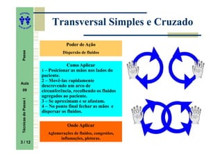 ITORA
    ED




UT
                                    Transversal Simples e Cruzado
                           A
A




  A D E S OU Z




                                            Poder de Ação
     Passe




                                          Dispersão de fluidos


                                            Como Aplicar
                               1 – Posicionar as mãos nos lados do
                               paciente.
                               2 – Movê-las rapidamente
    Aula
                               descrevendo um arco de
     09                        circunferência, recolhendo os fluidos
                               agregados ao paciente.
     Técnicas do Passe I




                               3 – Se aproximam e se afastam.
                               4 – No ponto final fechar as mãos e
                               dispersar os fluidos.

                                            Onde Aplicar
                                  Aglomerações de fluidos, congestões,
                                        inflamações, pletoras.
    3 / 12
     3
 