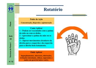 ITORA
    ED




UT
                                                               Rotatório
                           A
A




  A D E S OU Z




                                            Poder de Ação
     Passe




                                Concentração, dispersão e aglomeração


                                            Como Aplicar
                               1 – Podem ser executados com a palma
                               da mão ou com os dedos.
    Aula                       2 - Aproximar a palma da mão ou os
     09                        dedos.
                               3 – Operar movimentos circulares da
                               direita para a esquerda e da esquerda
     Técnicas do Passe I




                               para a direita bem lentamente.


                                             Onde Aplicar
                                Ingurgitamentos, abscessos, obstruções,
                               irritações intestinais, cólicas, supressões e
                                     males em geral do baixo ventre.
    4 / 12
     4
 