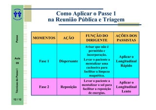 ITORA
    ED


                                         Como Aplicar o Passe 1
UT

                           A          na Reunião Pública e Triagem
A




  A D E S OU Z




                                                          FUNÇÃO DO             AÇÕES DOS
     Passe




                               MOMENTOS     AÇÃO
                                                          DIRIGENTE             PASSISTAS
                                                          Avisar que não é
                                                             permitida e
                                                           incorporação.
    Aula
                                                                                 Aplicar o
                                                         Levar o paciente a
     09
                                 Fase 1   Dispersante                           Longitudinal
                                                          mentalizar uma
                                                           cachoeira para
                                                                                  Rápido
     Técnicas do Passe I




                                                         facilitar a limpeza
                                                             magnética.
                                                         Levar o paciente a
                                                                                 Aplicar o
                                                        mentalizar o sol para
                                 Fase 2   Reposição                             Longitudinal
                                                        facilitar a reposição
                                                            de energias.           Lento

12 / 12
    12
 