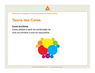 Publicidade e Propaganda | Editoração Eletrônica e Design Gráfico




Teoria das Cores
Cores terciárias
Cores obtidas a partir da combinação de
uma cor primária e uma cor secundária.
 