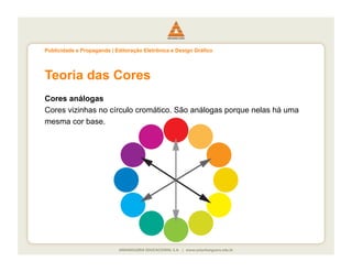 Publicidade e Propaganda | Editoração Eletrônica e Design Gráfico




Teoria das Cores
Cores análogas
Cores vizinhas no círculo cromático. São análogas porque nelas há uma
mesma cor base.
 
