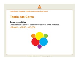 Publicidade e Propaganda | Editoração Eletrônica e Design Gráfico




Teoria das Cores
Cores secundárias
Cores obtidas a partir da combinação de duas cores primárias.
LARANJA – VERDE – VIOLETA
 