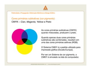 Publicidade e Propaganda | Editoração Eletrônica e Design Gráfico



Cores primárias subtrativas (cor pigmento):
CMYK – Cian, Magenta, Yellow e Preto


                                            As cores primárias subtrativas (CMYK)
                                            quando misturadas, produzem o preto.

                                            Quando apenas duas cores primárias
                                            subtrativas são combinadas, resultam em
                                            uma das cores primárias aditivas (RGB).

                                            O Sistema CMKY é o padrão utilizado para
                                            impressão gráfica (Escala Europa).

                                            Por ser um Sistema de cor pigmento, o
                                            CMKY é simulado na tela do computador.
 